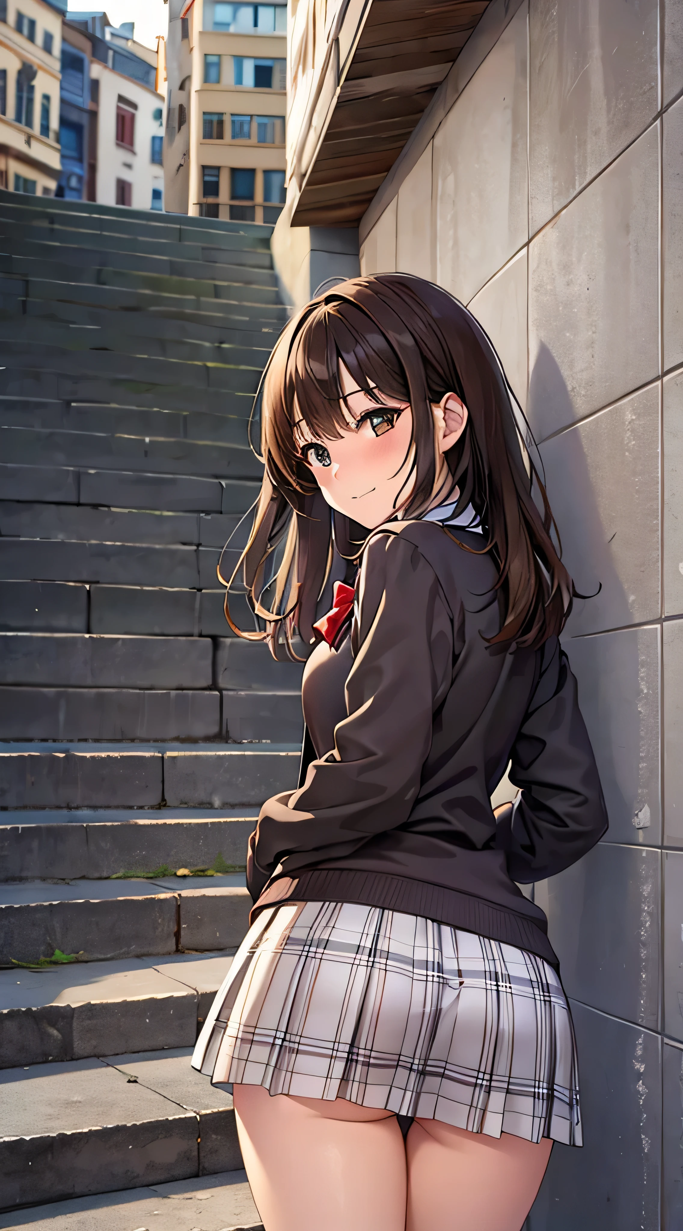 ((masutepiece, Best Quality, hight resolution, nffsw, Perfect Pixel, 4K, nffsw, nffsw))), 1girl in, Single, Solo, Beautie、full body seen、 ((Middle Wave Hair, Bangs, Brown hair)), ((Brown-eyed, Beautiful eyelashes, Realistic eyes)), ((Detailed face, Blushing:1.2)), ((Smooth texture:0.75, Realistic texture:0.65, Photorealistic:1.1, Anime CG style)), medium breasts, Dynamic Angle, Perfect body, ((red bowtie, School uniform, Black jacket, Open jacket, Brown cardigan, White shirt, Black skirt, plaid skirts)), City staircase、Looking up from the bottom of the stairs、Very embarrassing panic smile, turned around、bending forward、(The wind flipped my skirt and exposed my butt....................、Touching the buttocks with both hands、White floral lace panties)、