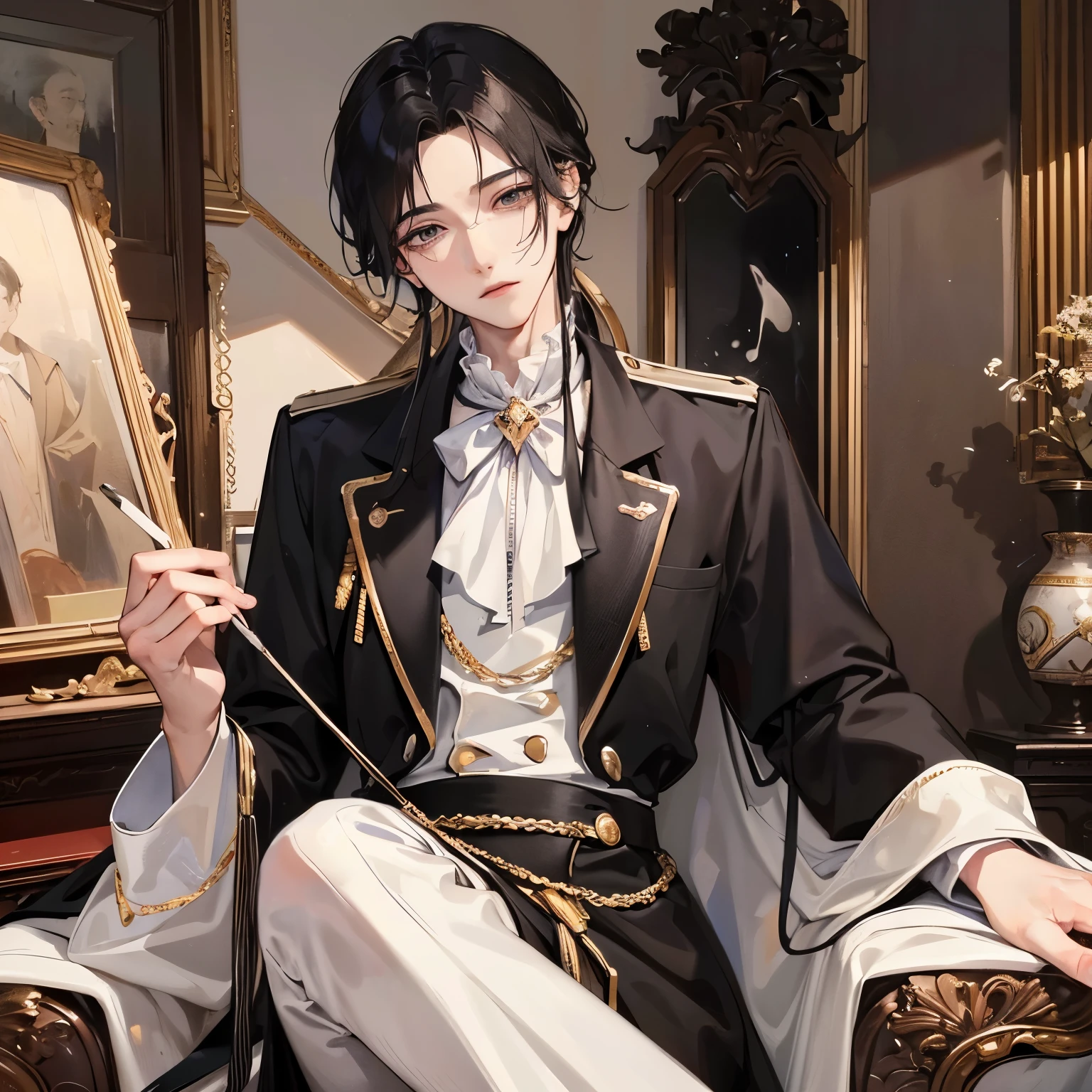 black-haired adonioi、Straight face、A detailed face、1 boy、Classic、Arrogant man、top grade、Center division、Forehead、Mole、One Man、glamor、Music、noble、nobles、Very beautiful man、Music、Beautiful clothes