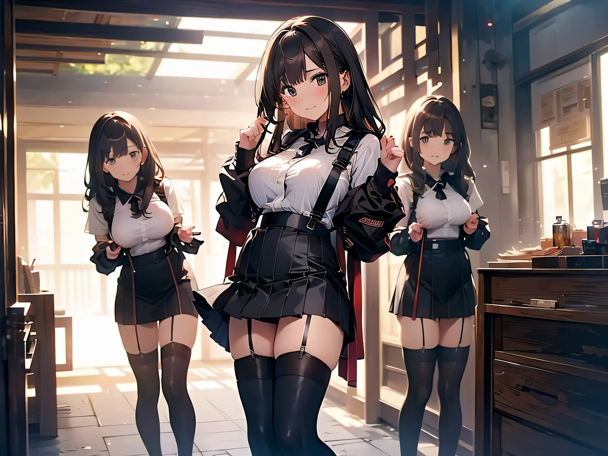 Brown hair、watching at viewers black suspenders bulging big tits walls: Black miniskirt garters Gaze a small face bangss holster Beautuful Women Hands up レッグholster ベッドに横たわる Gaze black boots panty shot Provocation flank flank汗 Soio arms are
