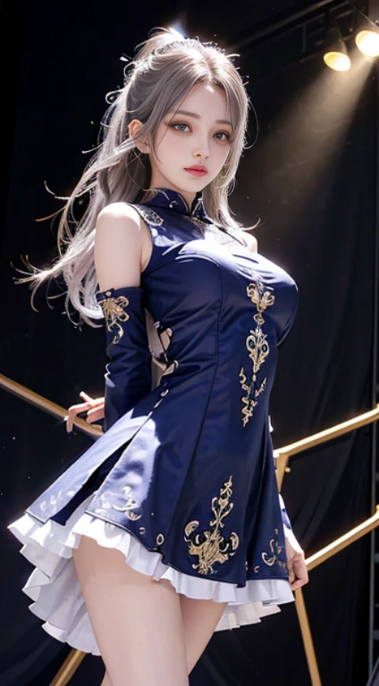 (best quality, detailed background, highres, absurdres, bloom, disheveled hair, shiny hair, exposed in lighting, bright pupils),
1girl, focus on leg, earpiece, long hair, silver hair, large_breasts, action_pose, standing,  arms behind back, stage, spotlight, glass ceiling, 
shenhe \(genshin impact\), hair_ornament, hair over one eye,  designer dress,  dutch_angle, upper body,