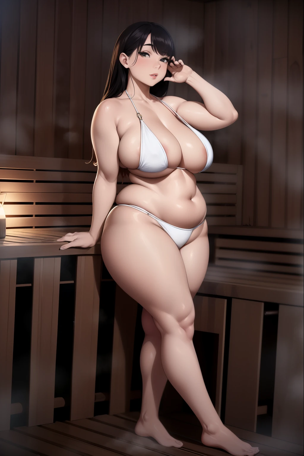 arafed woman in a White Bikini posing in a sauna, thick body, curvy model, Voluptuous body, Chic, , Sexy , Full body shot in bikini, , beautiful thick female, realistic bikini, curvy hourglass figure, voluptuous figure, White Bikini, curvy figure, Photorealistic perfect body, soft curvy shape