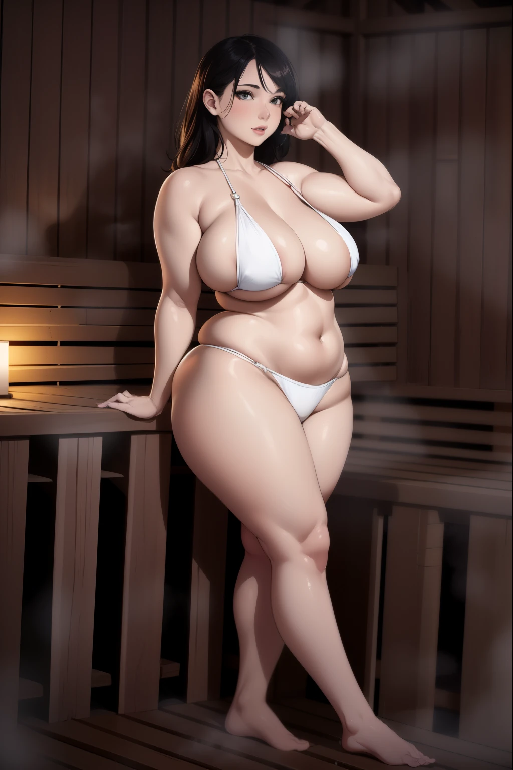 arafed woman in a White Bikini posing in a sauna, thick body, curvy model, Voluptuous body, Chic, , Sexy , Full body shot in bikini, , beautiful thick female, realistic bikini, curvy hourglass figure, voluptuous figure, White Bikini, curvy figure, Photorealistic perfect body, soft curvy shape