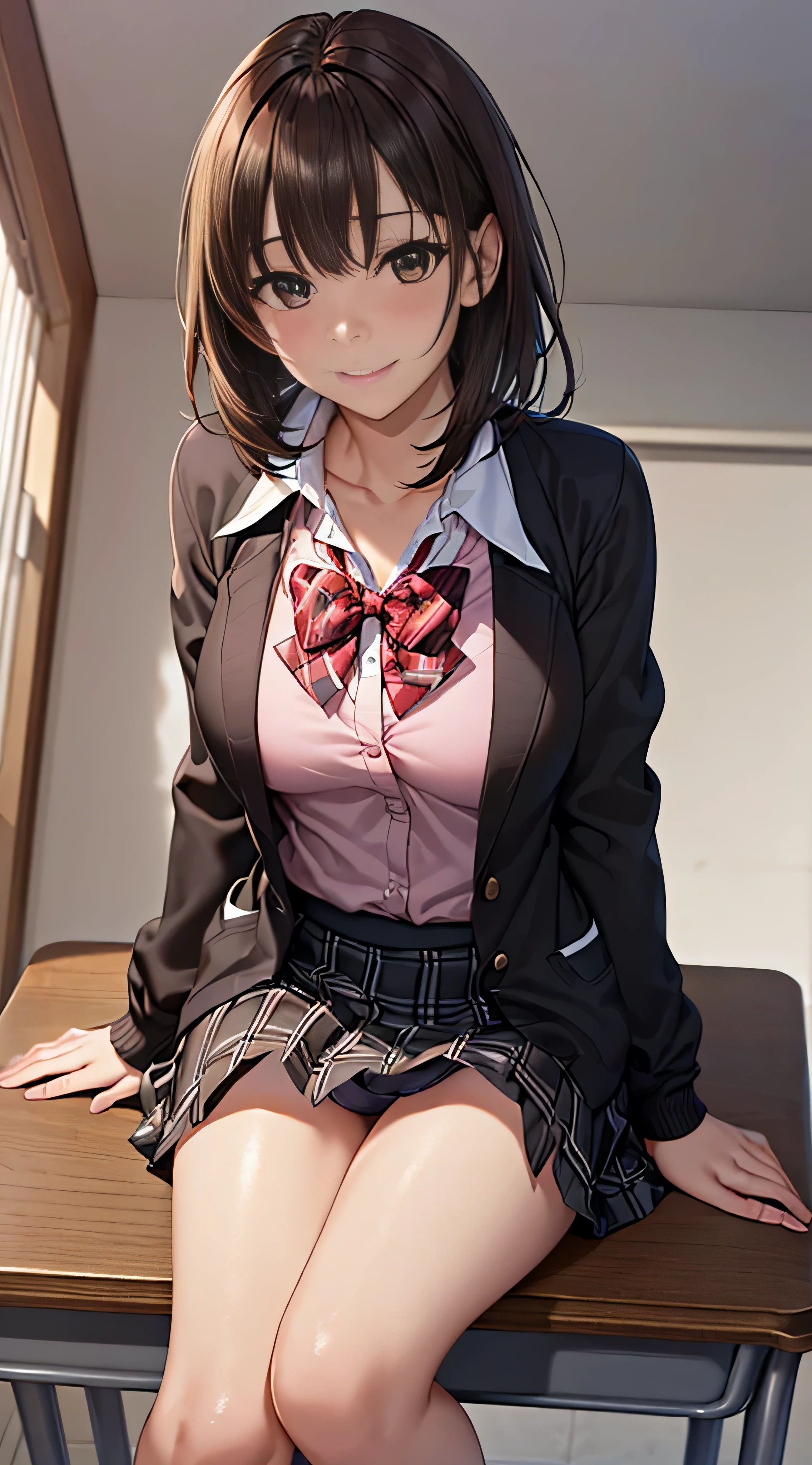 ((masutepiece, Best Quality, hight resolution, nffsw, Perfect Pixel, 4K, nffsw, nffsw))), 1girl in, Single, Solo, Beautie、full body seen、 ((Middle Wave Hair, Bangs, Brown hair)), ((Brown-eyed, Beautiful eyelashes, Realistic eyes)), ((Detailed face, Blushing:1.2)), ((Smooth texture:0.75, Realistic texture:0.65, Photorealistic:1.1, Anime CG style)), medium breasts, Dynamic Angle, Perfect body, ((red bowtie, School uniform, Black jacket, Open jacket, Brown cardigan, White shirt, Black skirt, plaid skirts、I'm not wearing shoes、White Sox)), Classrooms without people、Sit on a desk、Lower'I took my foot off the desk.................、early evening、、((Angle looking up from below))、Very embarrassing panic smile、(Lift the skirt with your right hand、Open both legs、Light pink floral lace panties)、