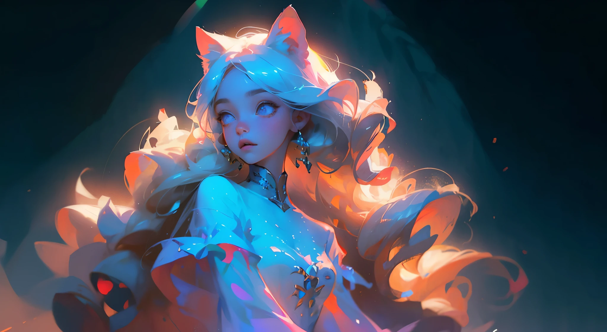 belos olhos detalhados,orelhas de gato,Cauda fofa,playful expression,cabelos longos,Flowing dress,cores vibrantes,soft lighting,estilo anime,dreamlike atmosphere,Pelo altamente detalhado,HDR,studio lighting
