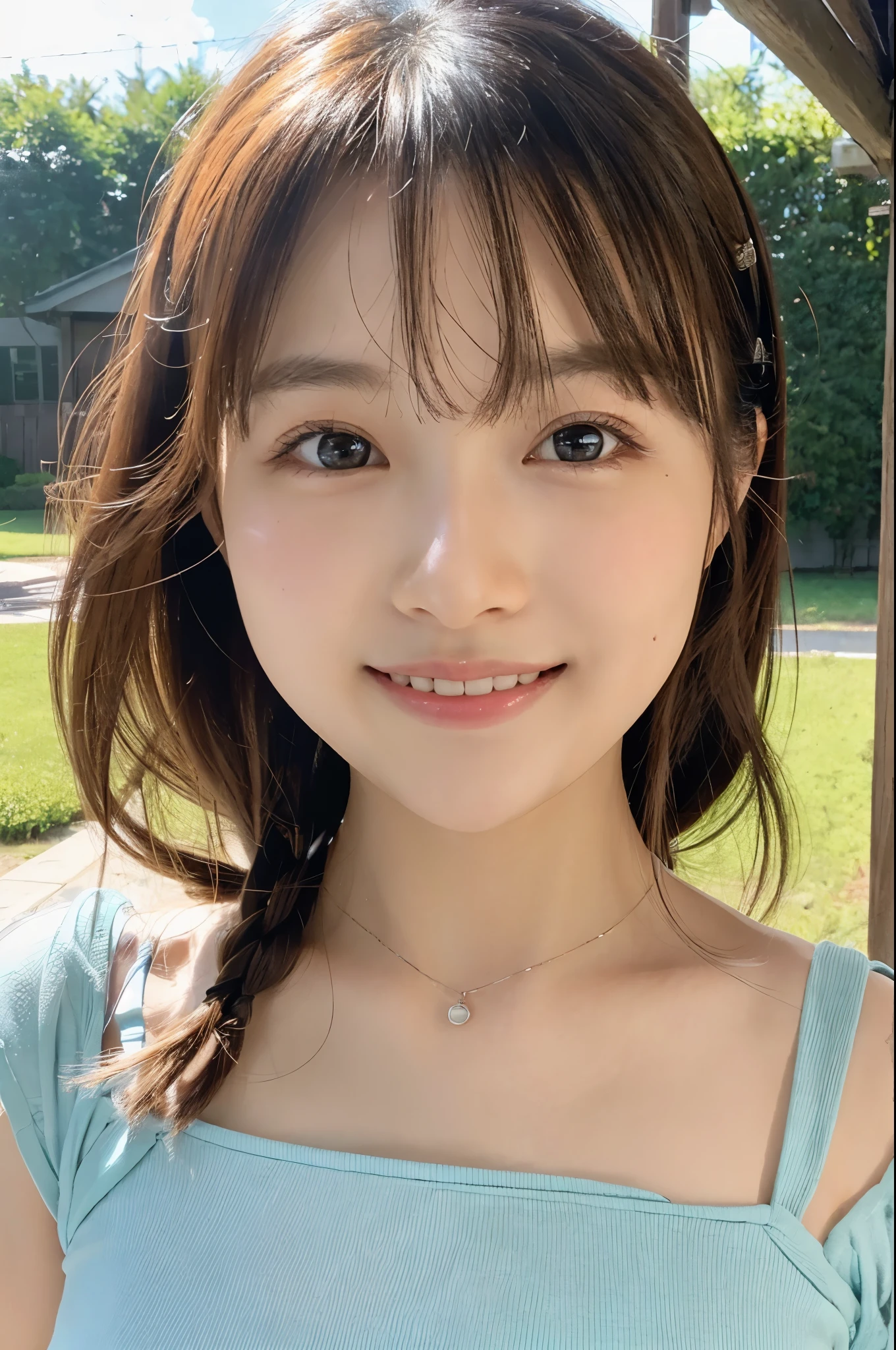 ulzzang -6500-v1.1, (Raw photo:1.2), (Photorealsitic), a beautiful detailed girl, (Real: 1.4), ighly detailedな目と顔, beatiful detailed eyes, very popular、huge filesize, hight resolution, ighly detailed, top-quality, [​masterpiece:1.6], illustratio, ighly detailed, nffsw, finely detail, top-quality, 8k wallpaper, Cinematographic lighting, selfee、Instagram、1girl in, 17 age, perfect body type, cute droopy eyes beautiful big eyes、Pieckfinger, ((masutepiece)), Best Quality, 1girl in, eye shadow, Upper body, Portrait, ((FULL BODYSHOT:1.2))、(Very affectionate smile:1.2)、