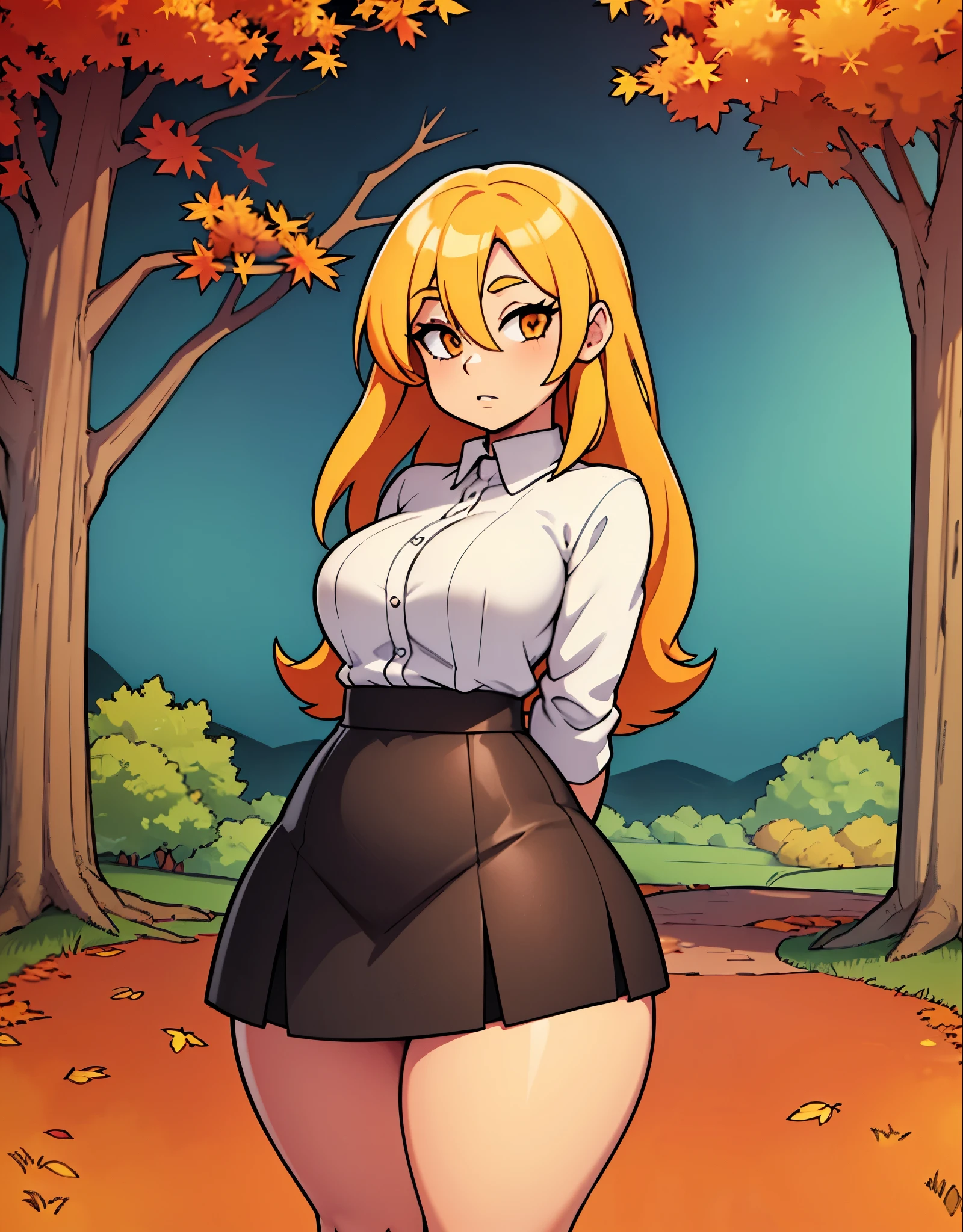 1girl, blonde hair, long hair, orange eyes, standing, white shirt, short black skirt, park, trees, beautiful backround, perfect eyes, looking at viewer, arms behind back, (wide hips), (thick thighs), (autumn:1.2), pov