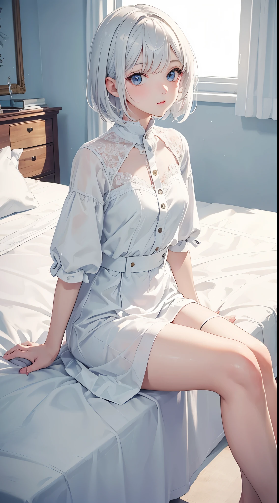 master piece,best quality, Solo lady,24 year old, beautiful eyes,cute, sitting,girl's own room,Fashion in white tones,detailed  clothes,White Room, short hair, flipped hair,White hair