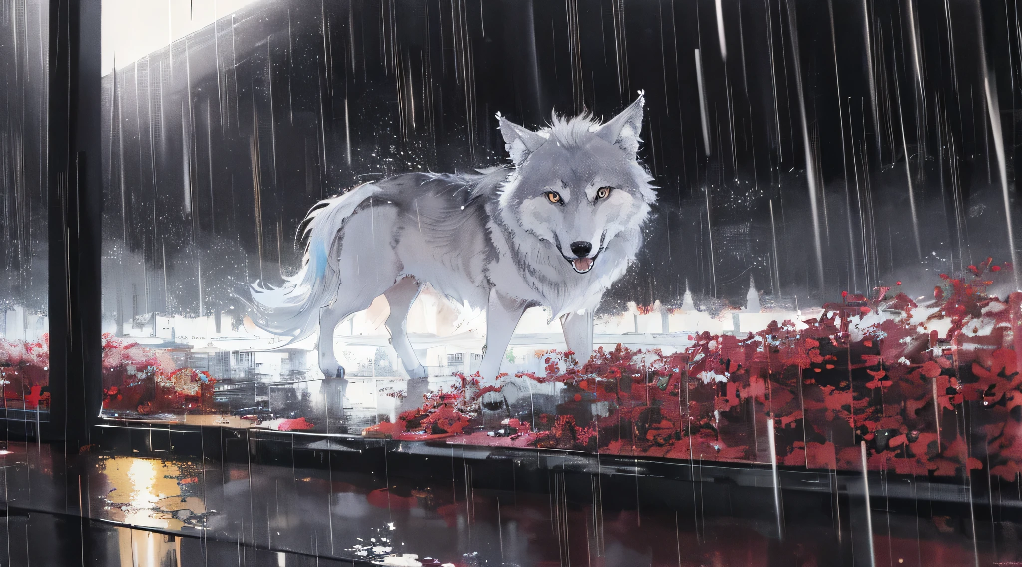 wolf, kyoto, night, rain, high res, ultrasharp, 8k, masterpiece