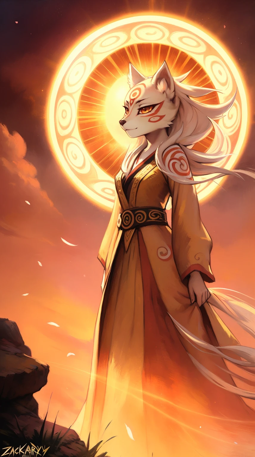 (best quality,4k,8k,highres,masterpiece:1.2),ultra-detailed,(1.37),HDR,UHD,studio lighting,ultra-fine painting,sharp focus,physically-based rendering,extreme detail description,professional,vivid colors,bokeh,portraits,landscape,golden color palette,soft gentle lighting
In this artwork, uploaded on e621, created by a collaboration of talented artists (((Zackary911, Kenket, Kilinah, Zackary911))), we see a captivating solo female character named Amaterasu. She is depicted wearing a stunning ensemble, consisting of golden armor and an elegant pink kimono. The golden armor is intricately designed with exquisite details, adorned with delicate patterns and engravings that catch the light and create a mesmerizing effect. The pink kimono complements the golden armor and adds a touch of femininity to her powerful presence.
Amaterasu stands tall and confident, emanating an aura of divine grace. Her flowing hair is beautifully rendered, with every strand carefully sculpted to perfection. Her eyes, delicately detailed and captivating, reflect a serene and wise gaze that captivates the viewer. Her lips, meticulously crafted, feature a gentle smile that exudes warmth and tranquility.
As the centerpiece of the artwork, Amaterasu is surrounded by a divine sun halo, symbolizing her celestial nature. The halo emits a soft, radiant glow, illuminating her with ethereal light. Her presence evokes a sense of awe and reverence, as if she possesses the power of the sun itself.
The composition of the artwork is masterfully executed, with attention to every minute detail. The background features a serene garden, bathed in warm, golden hues. Blossoming cherry trees add a touch of natural beauty to the scene, their delicate petals floating gently in the breeze. The overall color palette is dominated by golden tones, creating a sense of otherworldly splendor.
The lighting in the artwork is carefully crafted to enhance the mood and atmosphere. Soft, diffused lighting bathes the scene, cast
