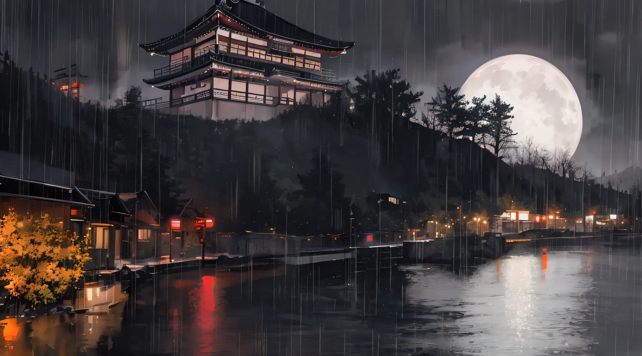 wolf, kyoto, night, rain, high res, ultrasharp, 8k, masterpiece