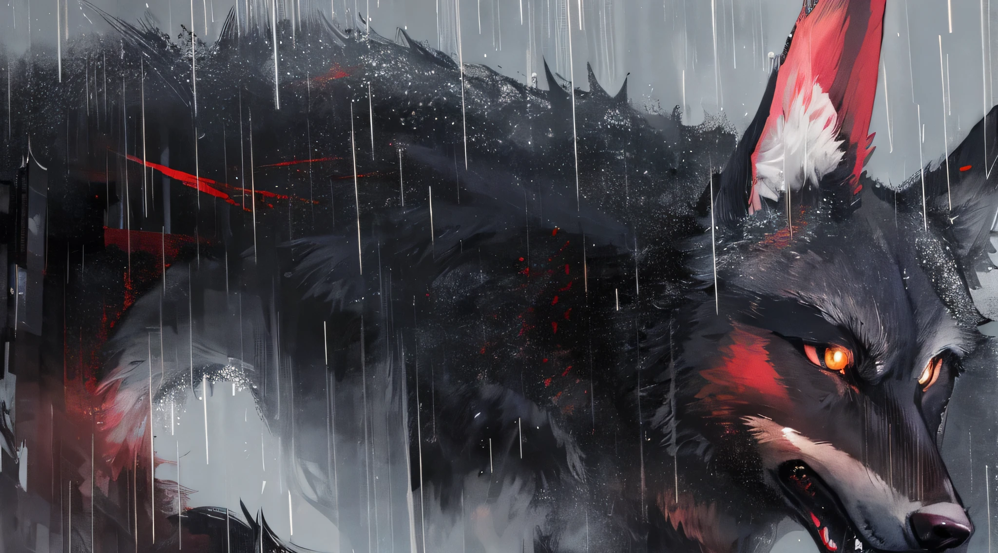 wolf, kyoto, night, rain, high res, ultrasharp, 8k, masterpiece