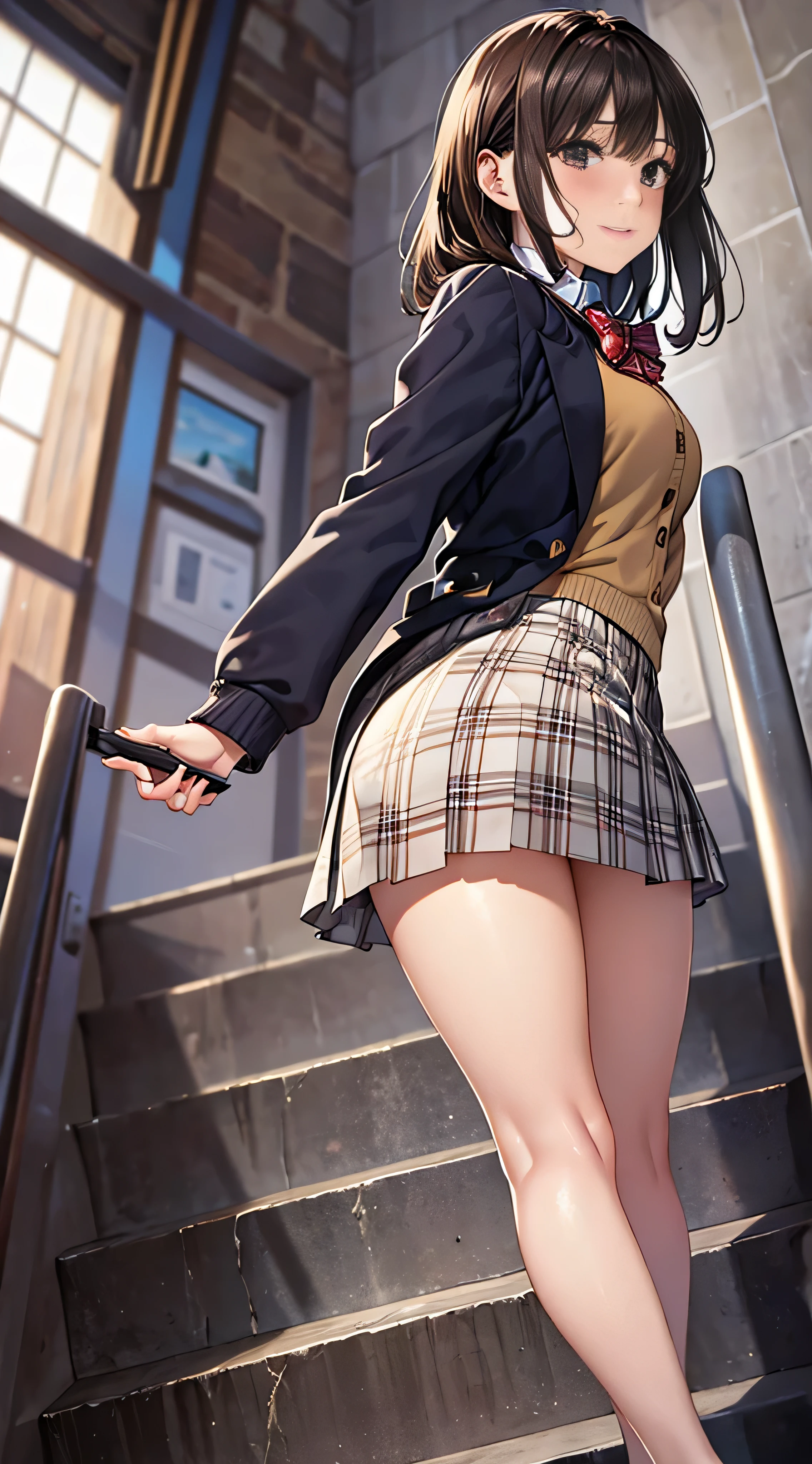 ((masutepiece, Best Quality, hight resolution, nffsw, Perfect Pixel,  4K, nffsw, nffsw))), 1girl in, Single, Solo, Beautie、full body seen、 ((Middle Wave Hair, Bangs, Brown hair)), ((Brown-eyed, Beautiful eyelashes, Realistic eyes)), ((Detailed face, Blushing:1.2)), ((Smooth texture:0.75, Realistic texture:0.65, Photorealistic:1.1, Anime CG style)), medium breasts, Dynamic Angle, Perfect body,  ((red bowtie, School uniform, Black jacket, Open jacket, Brown cardigan, White shirt, Black skirt, plaid skirts)), City staircase、Looking up from the bottom of the stairs、Very embarrassing panic smile, turned around、bending forward、(The wind flipped my skirt and exposed my butt....................、Touching the buttocks with both hands、White floral lace panties)、