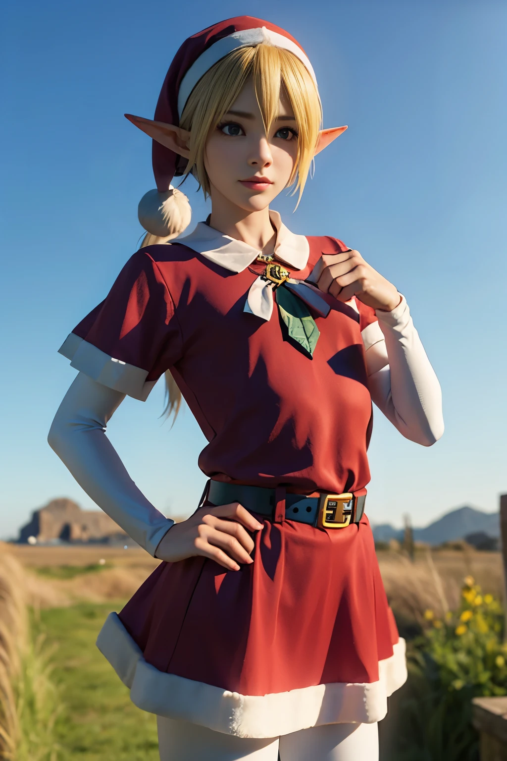 link, 1boy, solo, femboy, Elf male, agachado, light skin,, dressed up as mother claus, UHD, cabelos realistas, perfect hands, textura de pele, melhor qualidade de reflexos, roupas detalhada, vestido vermelho curto, mãos, 3d, Cartoon, fundo branco