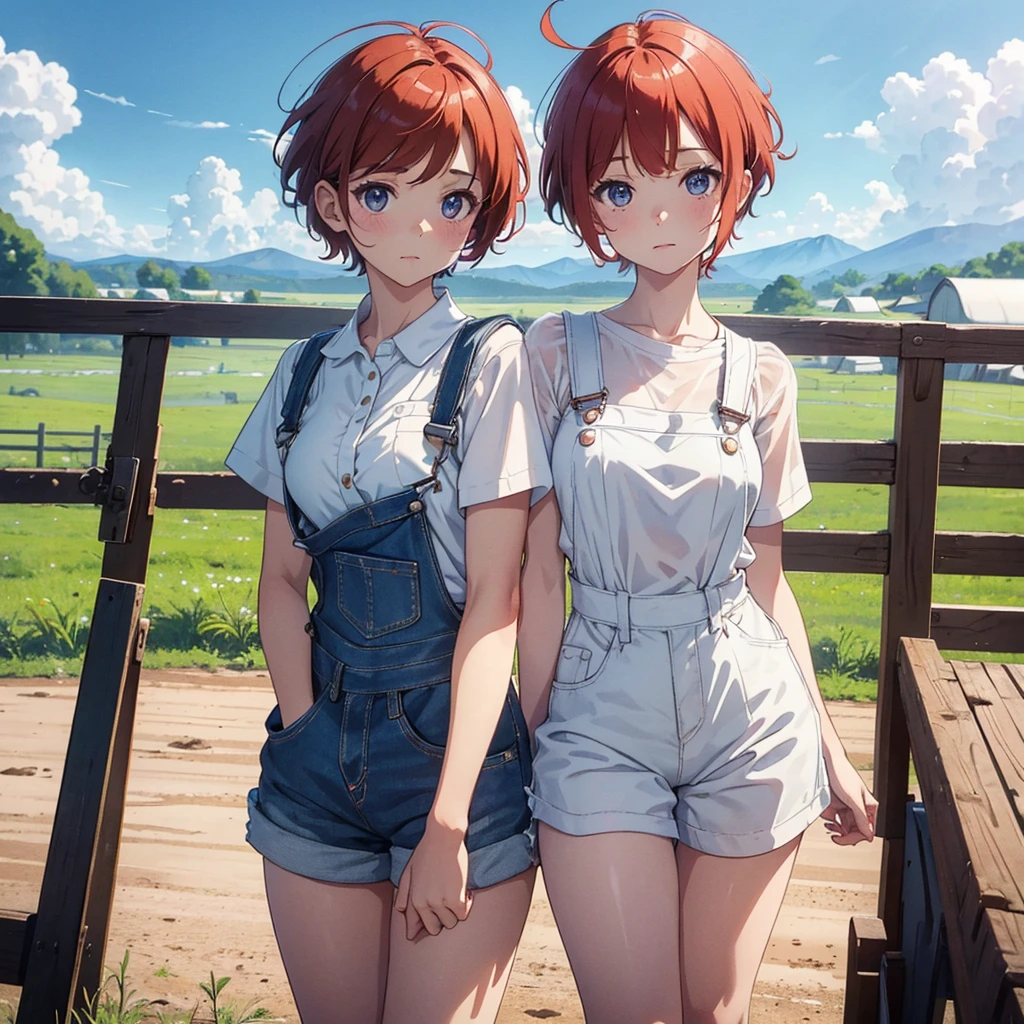 finest image, 8k, RAW photo, realistic, detailed, delicate, flashy and dynamic depiction, Cowherd cute girl wearing white flared shirt and overalls, ahoge, red short hair, great proportion, background farm, many cows, grazinagnificent view:1.1), clear skies