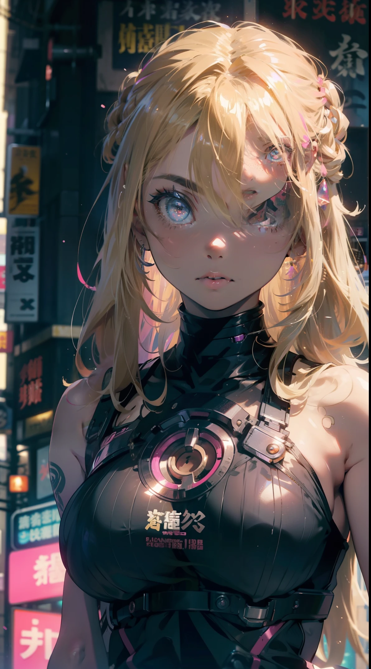 1 girl, blonde hair, blonde woman, pony tail, bright pink eyes, pastel colours, big breastes, Cute hair clips, tattoos on body, bracelets on hands, The film's poster depicts a young woman as the central character。She stands confidently in the center of the poster,Wear trendy cyborg-futuristic outfits,with a determined expression on his face。The background is dark and grainy,There is a sense of danger and a strong sense。The text turned out to be bold and attracted attention,with catchy slogans,Adds overall drama and excitement。The color palette is dominated by dark colors,dotted with bright colors