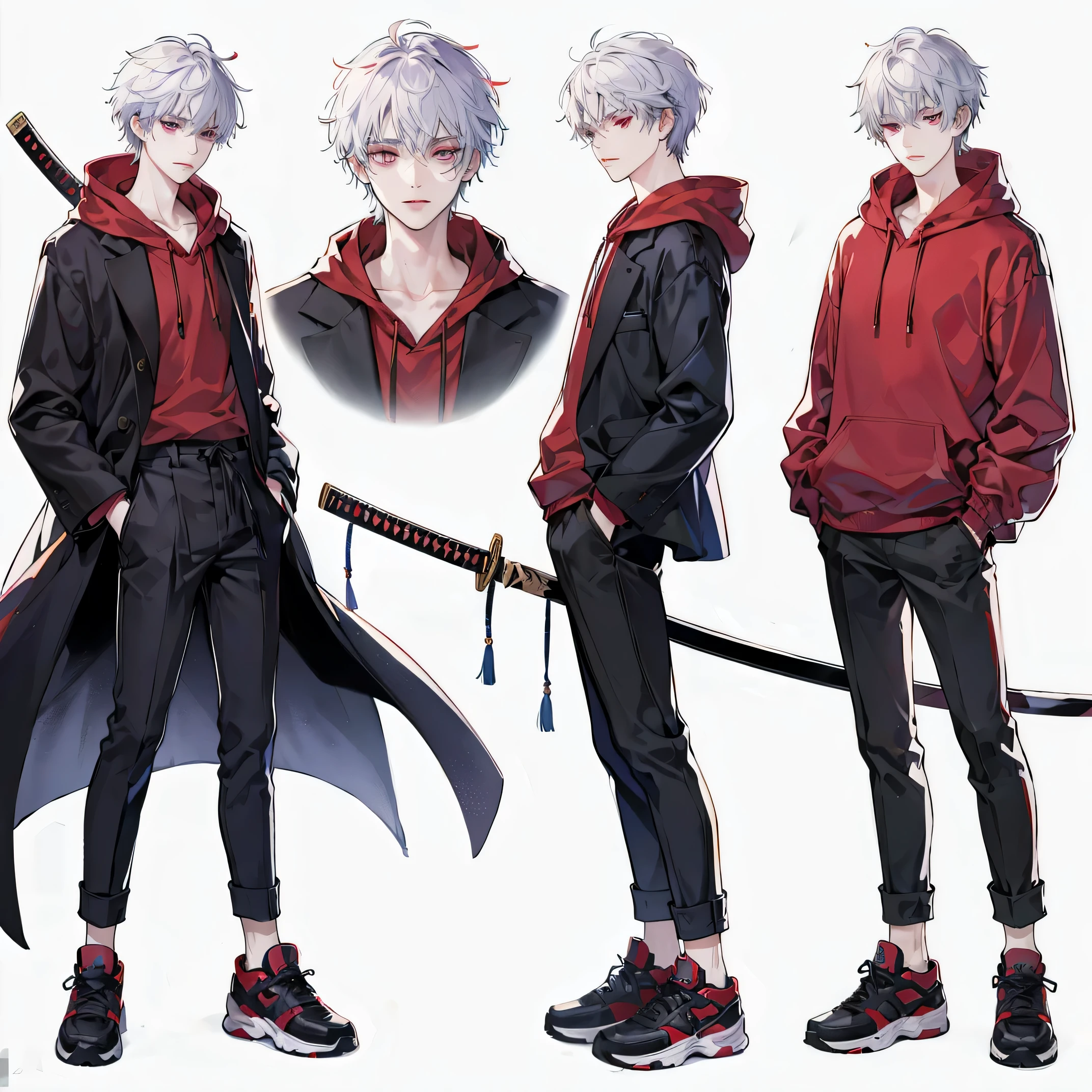 Japanese Katana Sword,White hair,Red and purple odd-eye
