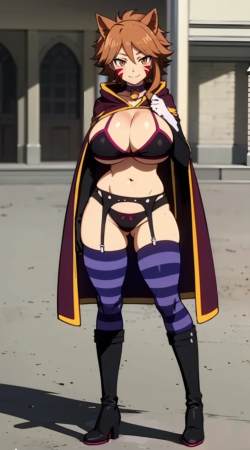 MILLIANNA, brown hair, brown hair, facial mark, whisker markings, cat ears, , cape, elbow gloves, striped thighhighs, collar (or choker), bell, lingerie, garter belt, boots, cat tail, 1girl, solo, facing viewer, looking at viewer, , smile, huge breast, wide hips, thicc,full body, refsheet,tunic, pullover pants,curvy, full body, boots,