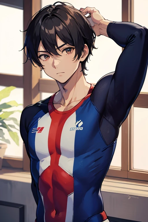 masutepiece, Best Quality, High quality, 1boy, Solo, Male Focus, Looking at Viewer, Upper body, Shin_walford,gymnastic suit
