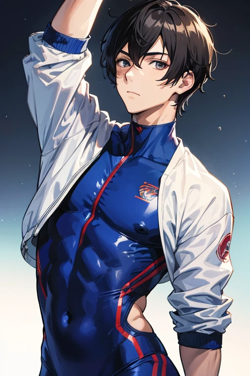 masutepiece, Best Quality, High quality, 1boy, Solo, Male Focus, Looking at Viewer, Upper body, Shin_walford,gymnastic suit