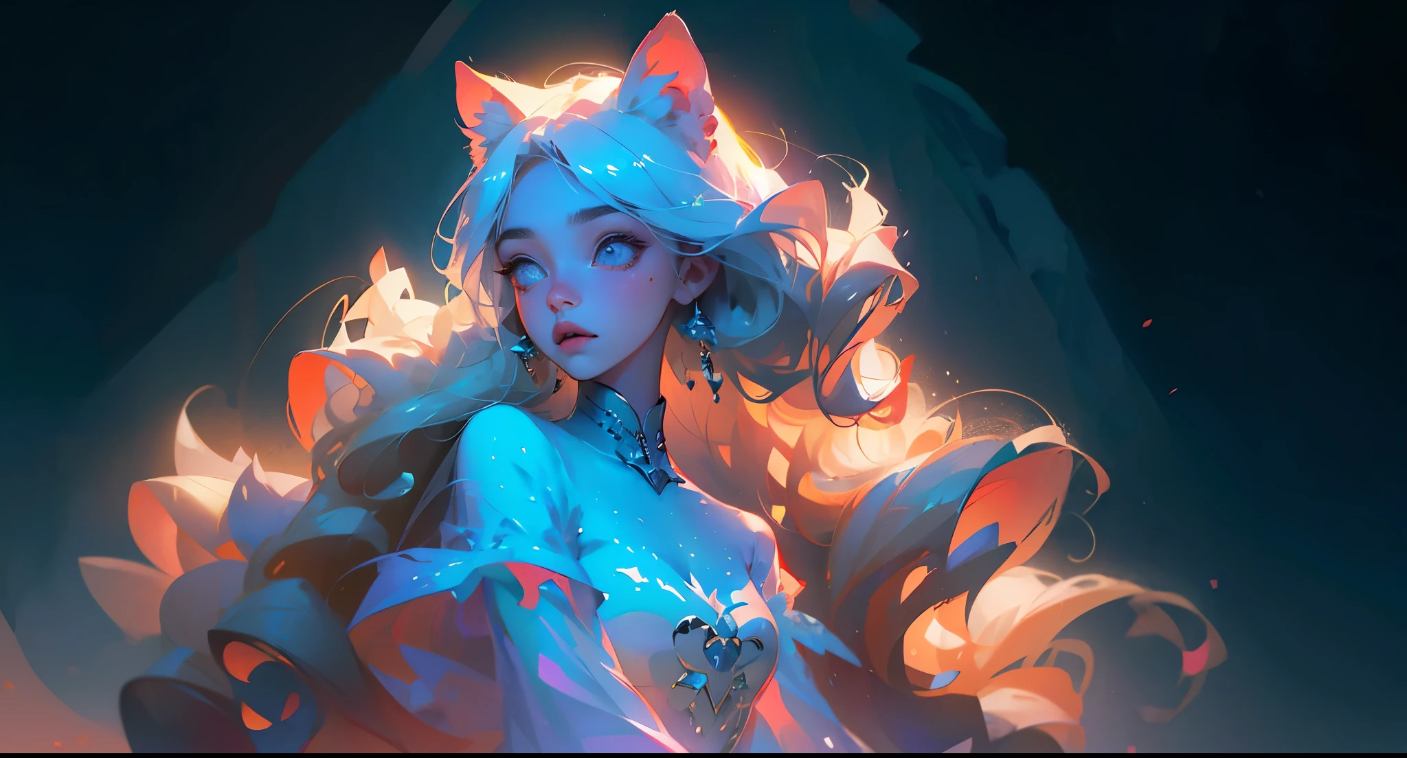 belos olhos detalhados,orelhas de gato,Cauda fofa,playful expression,cabelos longos,Flowing dress,cores vibrantes,soft lighting,estilo anime,dreamlike atmosphere,Pelo altamente detalhado,HDR,studio lighting