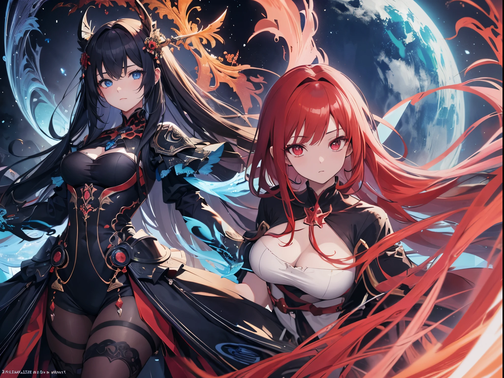 another anime girl with long red hair and red and blue dress, anime art wallpaper 4k, anime art wallpaper 4 k, anime art wallpaper 8 k, anime fantasy artwork, detailed digital anime art, extremely detailed artgerm, detailed anime art, anime style 4 k, beautiful fantasy anime, detailed anime artwork, 8k high quality detailed art, on the right side of the picture, in sync with the left side of the picture