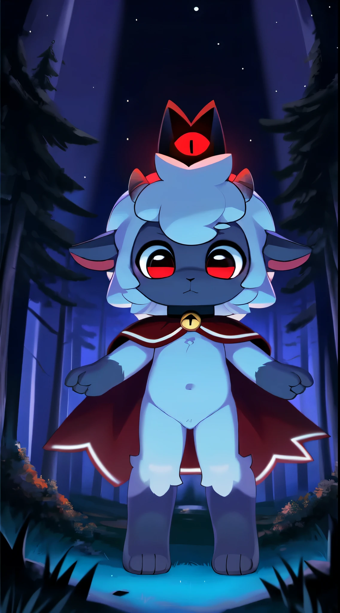 Lamb "Cult of the Lamb", young, small horns, red cloak, black crown, feets whit three toes, detailed body fur, detailed face, detailed eyes, glistering body, shiny body, gorgeous body, masterpiece, high quality, standing, looking at you, forest, night sky, white hair,