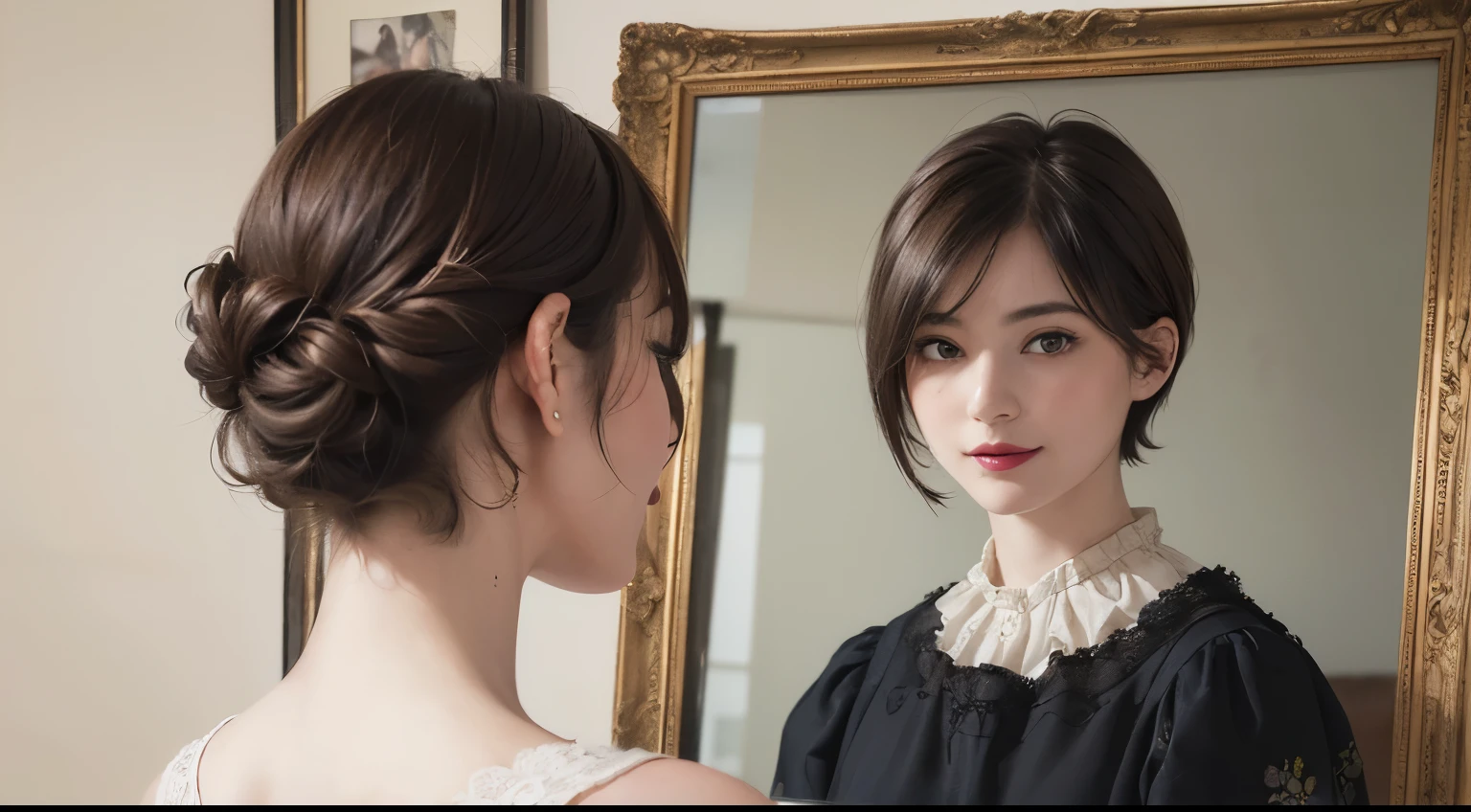 139
(a 20 yo woman,drawing a self-portrait), (A hyper-realistic), (high-level image quality), ((beautiful hairstyle 46)), ((short-hair:1.46)), (Gentle smile), (brest:1.46), (lipsticks), (an oil paintingを描いている), (murky,wide,a room), (florals), (an oil painting、Rembrandt)