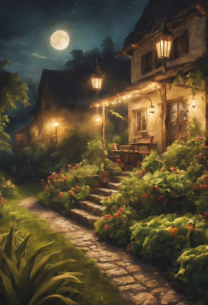 Summer nights(nighttime scene.cold light)As estrelas.themoon.glowworm.Farm plantation with wooden table、Farmhouse garden with chairs and vegetables,There is a little yellow dog sleeping on the ground. Warm street lights.Night light.The beautiful.𝓡𝓸𝓶𝓪𝓷𝓽𝓲𝓬.delicateelegance.Green meadow.stylized photography,Super detailed description of the scenery.（Super quality，Super meticulous，super complex，extremly intricate）Soft and natural light and shadow..ultra-wide-angle, (Detailed texture),Background covered with film grain, Natural soft light,(nighttime scene.Fresh and warm light and shadow)Ray traching, vignetting, wide wide shot, ultra-wide-angle, Best quality at best.The picture is colorful