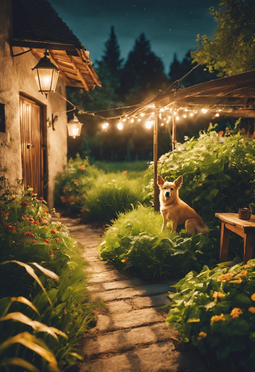 Summer nights(nighttime scene.cold light)As estrelas.themoon.glowworm.Farm plantation with wooden table、Farmhouse garden with chairs and vegetables,There is a little yellow dog sleeping on the ground. Warm street lights.Night light.The beautiful.𝓡𝓸𝓶𝓪𝓷𝓽𝓲𝓬.delicateelegance.Green meadow.stylized photography,Super detailed description of the scenery.（Super quality，Super meticulous，super complex，extremly intricate）Soft and natural light and shadow..ultra-wide-angle, (Detailed texture),Background covered with film grain, Natural soft light,(nighttime scene.Fresh and warm light and shadow)Ray traching, vignetting, wide wide shot, ultra-wide-angle, Best quality at best.The picture is colorful