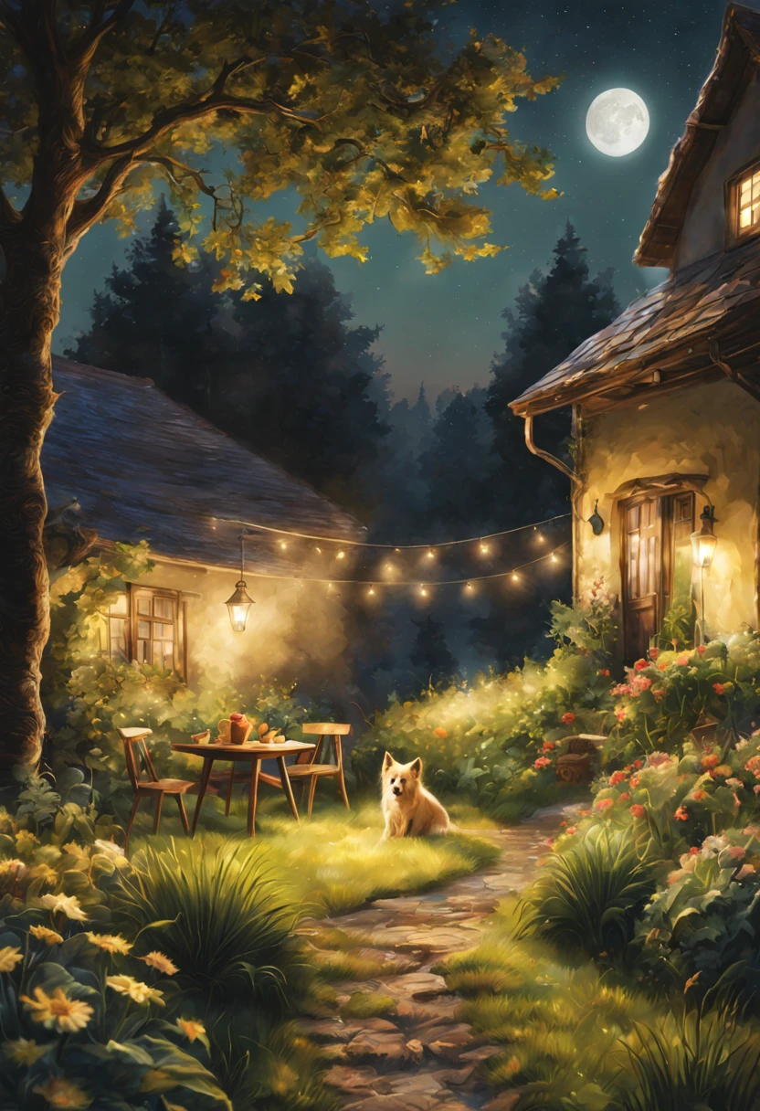 Summer nights(nighttime scene.cold light)As estrelas.themoon.glowworm.Farm plantation with wooden table、Farmhouse garden with chairs and vegetables,There is a little yellow dog sleeping on the ground. Warm street lights.Night light.The beautiful.𝓡𝓸𝓶𝓪𝓷𝓽𝓲𝓬.delicateelegance.Green meadow.stylized photography,Super detailed description of the scenery.（Super quality，Super meticulous，super complex，extremly intricate）Soft and natural light and shadow..ultra-wide-angle, (Detailed texture),Background covered with film grain, Natural soft light,(nighttime scene.Fresh and warm light and shadow)Ray traching, vignetting, wide wide shot, ultra-wide-angle, Best quality at best.The picture is colorful