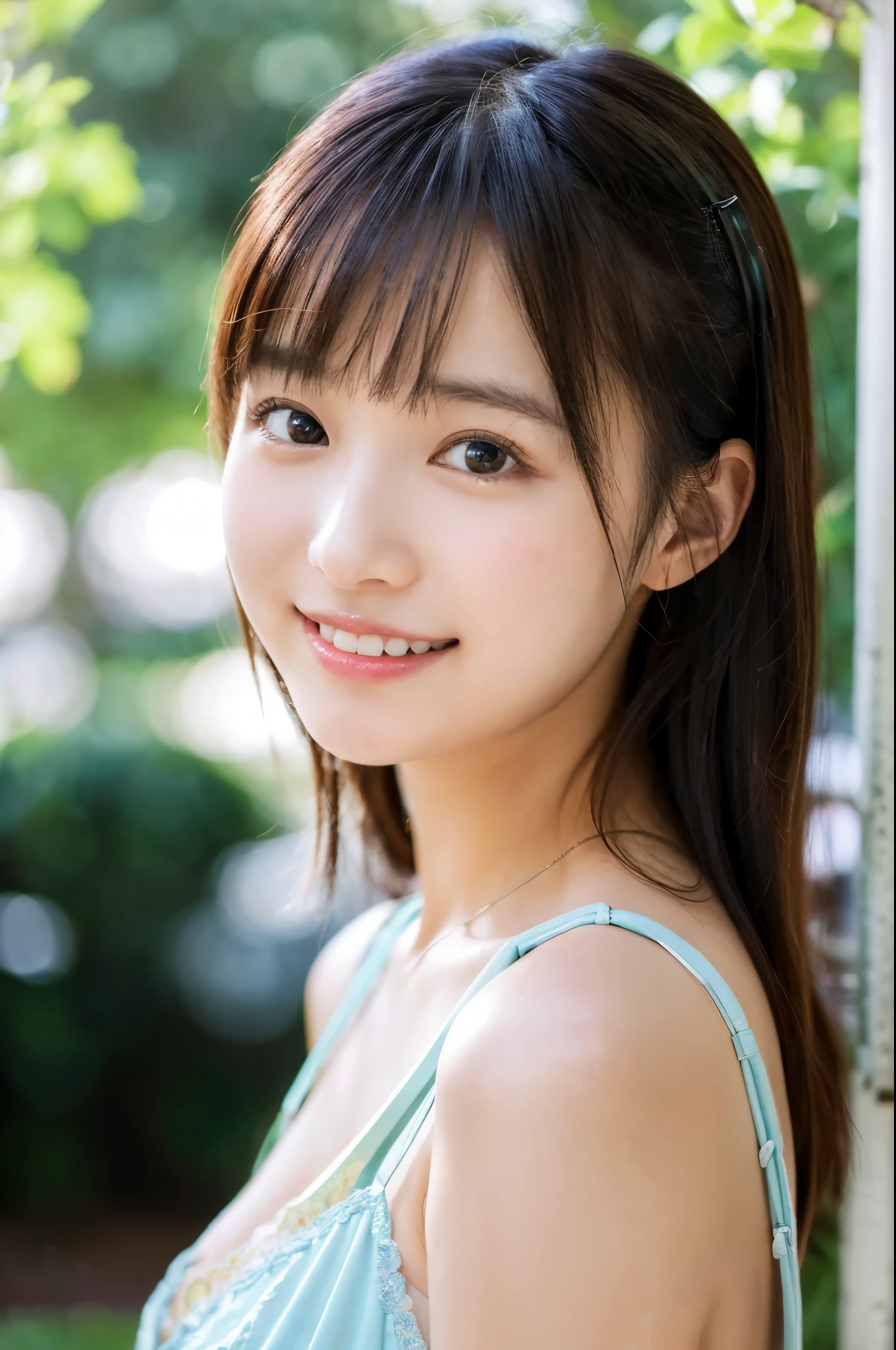 ulzzang -6500-v1.1, (Raw photo:1.2), (Photorealsitic), a beautiful detailed girl, (Real: 1.4), ighly detailedな目と顔, beatiful detailed eyes, Date at a very popular open cafe、huge filesize, hight resolution, ighly detailed, top-quality, [​masterpiece:1.6], illustratio, ighly detailed, nffsw, finely detail, top-quality, 8k wallpaper, Cinematographic lighting, selfee、Instagram、1girl in, 17 age, perfect body type, cute droopy eyes beautiful big eyes、Pieckfinger, ((masutepiece)), Best Quality, 1girl in, eye shadow, Upper body, Portrait, ((FULL BODYSHOT:1.2))、(Very affectionate smile:1.2)、