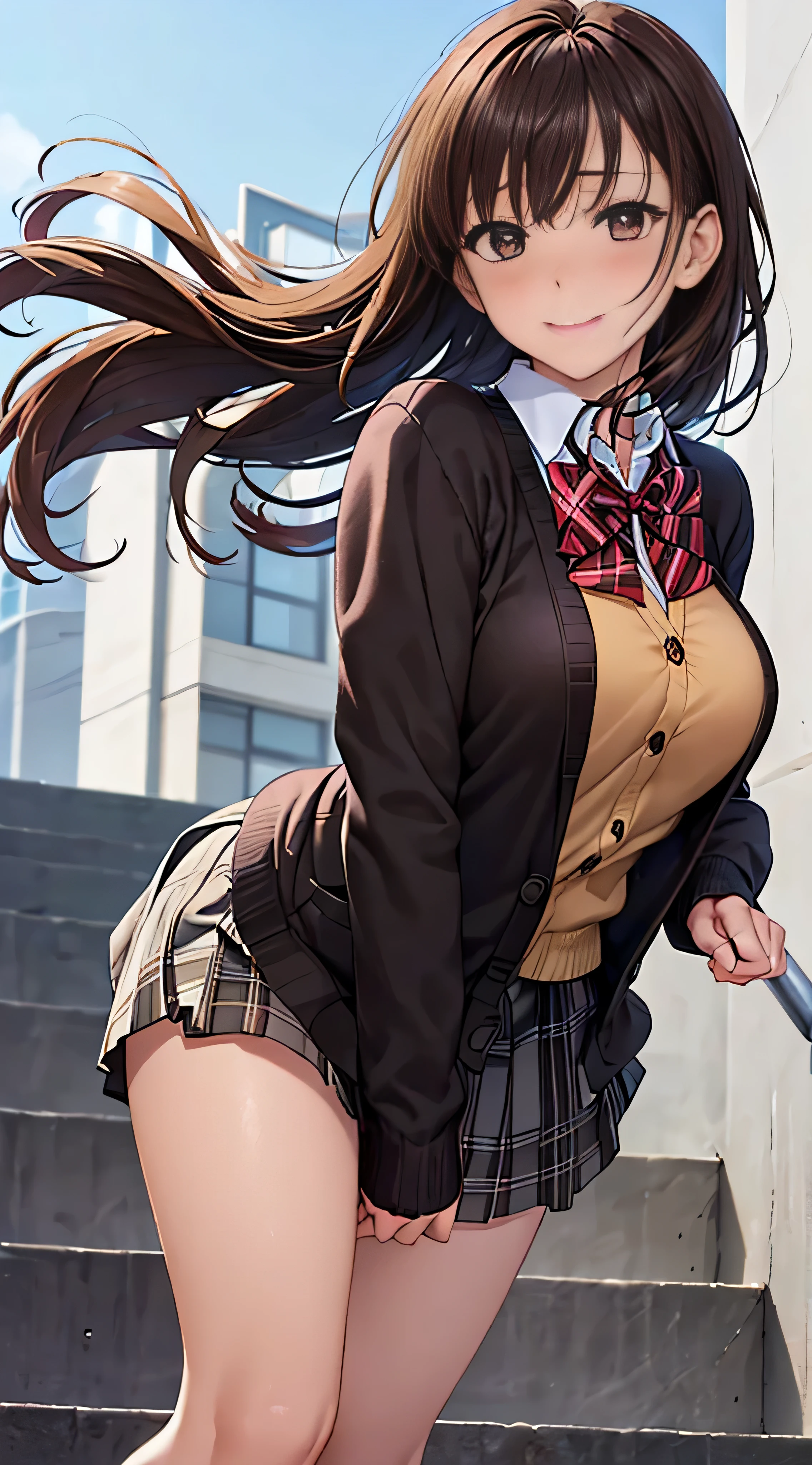 ((masutepiece, Best Quality, hight resolution, nffsw, Perfect Pixel, 4K, nffsw, nffsw))), 1girl in, Single, Solo, Beautie、full body seen、 ((Middle Wave Hair, Bangs, Brown hair)), ((Brown-eyed, Beautiful eyelashes, Realistic eyes)), ((Detailed face, Blushing:1.2)), ((Smooth texture:0.75, Realistic texture:0.65, Photorealistic:1.1, Anime CG style)), medium breasts, Dynamic Angle, Perfect body, ((red bowtie, School uniform, Black jacket, Open jacket, Brown cardigan, White shirt, Black skirt, plaid skirts)), City staircase、Looking up from the bottom of the stairs、Very embarrassing panic smile, turned around、bending forward、(The wind flipped my skirt and exposed my butt.......................、Touching the buttocks with both hands、pale yellow floral lace panties)、