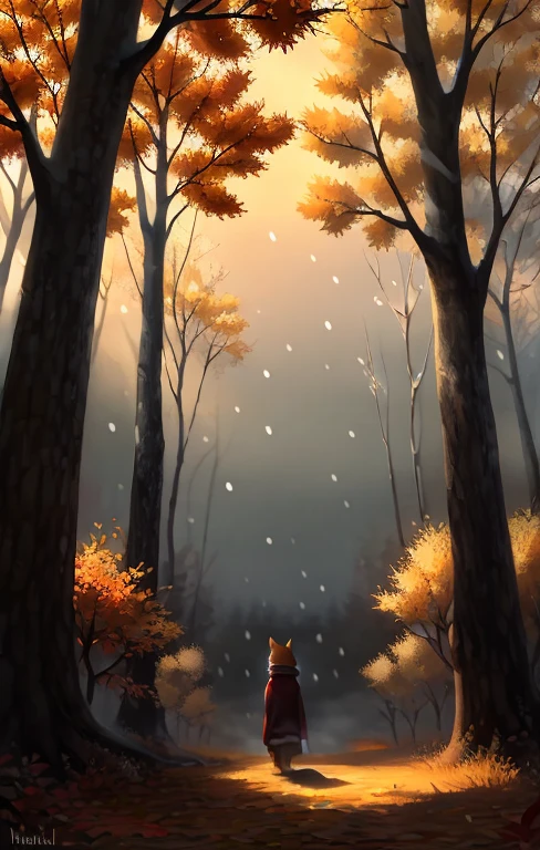 (Best quality at best,4K,8K,A high resolution,tmasterpiece:1.2),ultra - detailed, christmas,It's snowing and maple leaves are falling,Colorful autumn scenery,Lonely fox,cute fox,autumn forest,The fox wears a cloak made of maple leaves,Hidden fox,Tree roots,raining day,tranquil ambiance,maple trees,Autumn leaves,Beautiful colorful fox,Dark green and orange leaves,Quiet environment,natural lightting,Soft raindrops,Leaves on the ground,gentle mist,The sun shines through the trees,Majestic tree trunk,Quiet solitude,magical ambiance