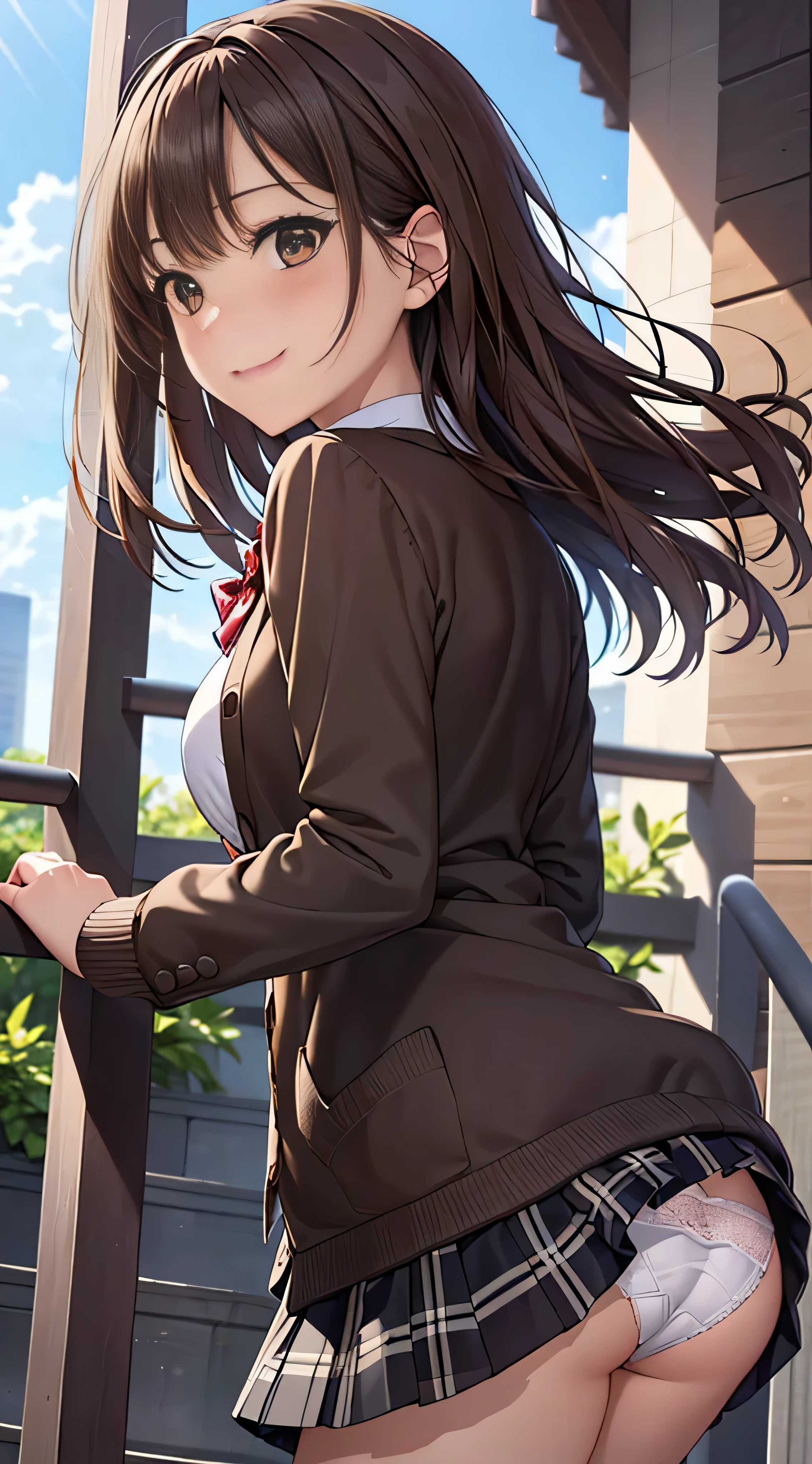 ((masutepiece, Best Quality, hight resolution, nffsw, Perfect Pixel, 4K, nffsw, nffsw))), 1girl in, Single, Solo, Beautie、full body seen、 ((Middle Wave Hair, Bangs, Brown hair)), ((Brown-eyed, Beautiful eyelashes, Realistic eyes)), ((Detailed face, Blushing:1.2)), ((Smooth texture:0.75, Realistic texture:0.65, Photorealistic:1.1, Anime CG style)), medium breasts, Dynamic Angle, Perfect body, ((red bowtie, School uniform, Black jacket, Open jacket, Brown cardigan, White shirt, Black skirt, plaid skirts)), City staircase、Looking up from the bottom of the stairs、Very embarrassing panic smile, turned around、bending forward、(The wind flipped my skirt and exposed my butt.....................、Touching the buttocks with both hands、White floral lace panties)、