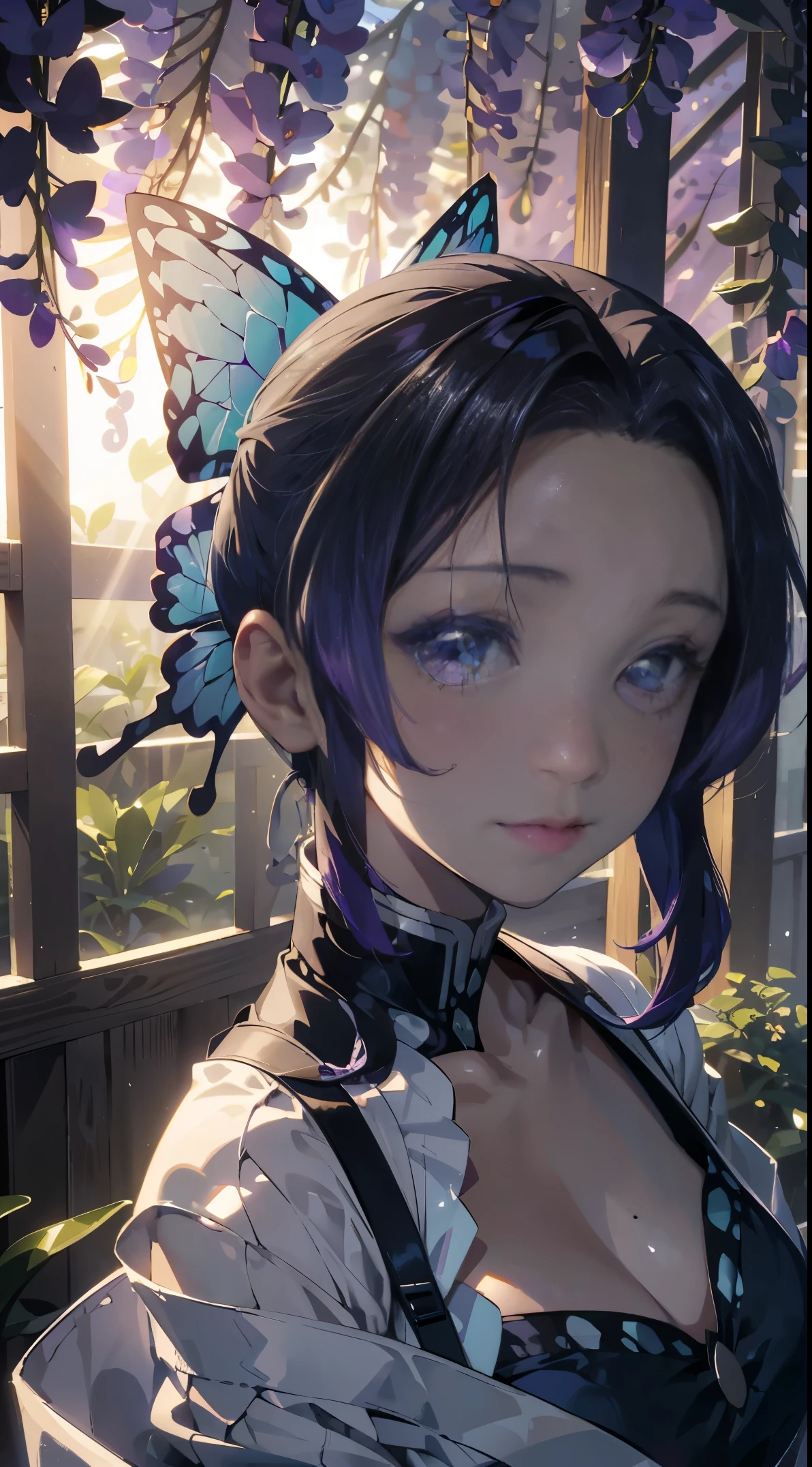 Ultra-realistic 8K CG，tmasterpiece，（（Ultra detailed backgrounds，delicate patterns，Complicated details）），Best quality at best，very vey very detailed face，very detailed eyes and faces，Very detailed eyes，Kochou Shinobu，O cabelo multicolorido，No bangs，hair intakes，Purple eye，haori，butterflys，obi strip，（trpical garden：1.2），purple flower，mostly cloudy sky，rays of sunshine，Tyndall effect，Gradient_sky，the face，beautiful sky，Saber on the waist，captivating posture，（Large breasts:1.3)，（cleavage:1.3)，（Off-the-shoulder attire:1.6)