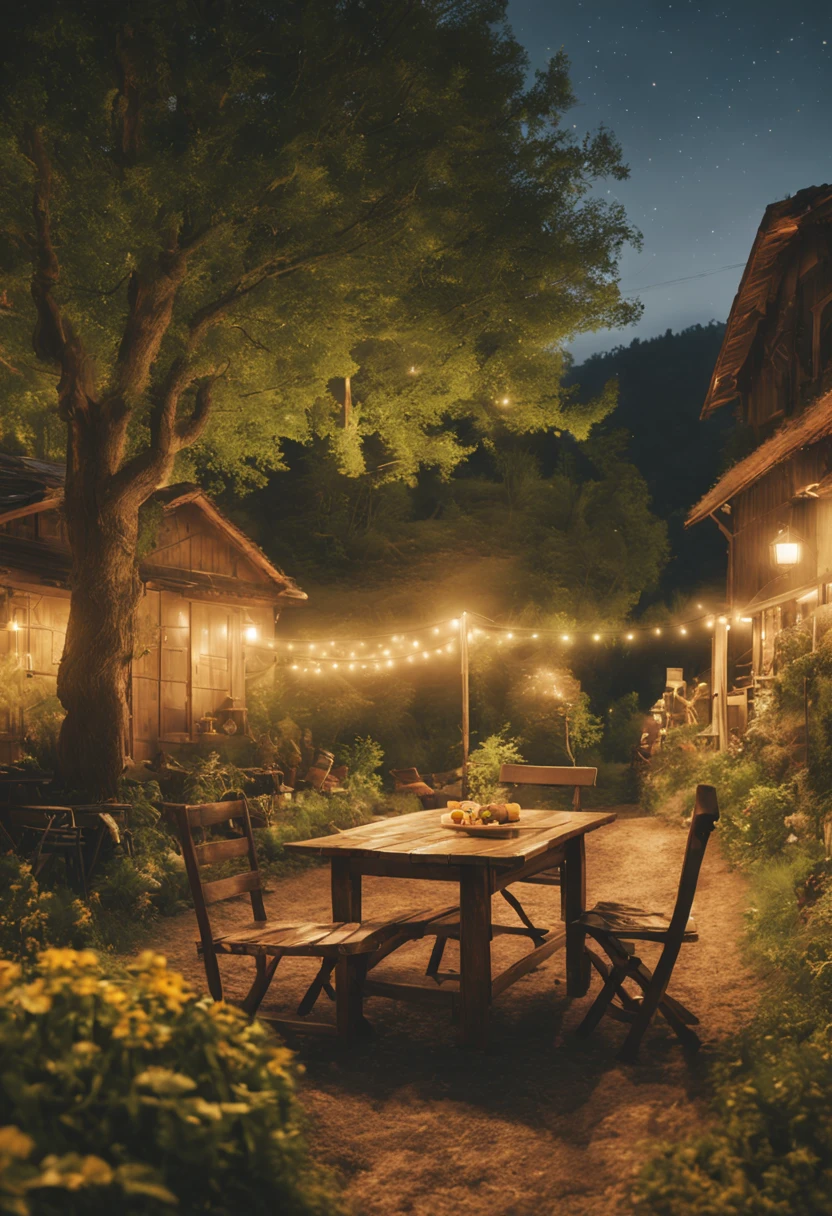 Summer nights(nighttime scene.cold light)As estrelas.themoon.glowworm.Farm plantation with wooden table、Farmhouse garden with chairs and vegetables,There is a little yellow dog sleeping on the ground. Warm street lights.Night light.The beautiful.𝓡𝓸𝓶𝓪𝓷𝓽𝓲𝓬.delicateelegance.Green meadow.stylized photography,Super detailed description of the scenery.（Super quality，Super meticulous，super complex，extremly intricate）Soft and natural light and shadow..ultra-wide-angle, (Detailed texture),Background covered with film grain, Natural soft light,(nighttime scene.Fresh and warm light and shadow)ray traycing, vignetting, wide wide shot, ultra-wide-angle, Best quality.The picture is colorful