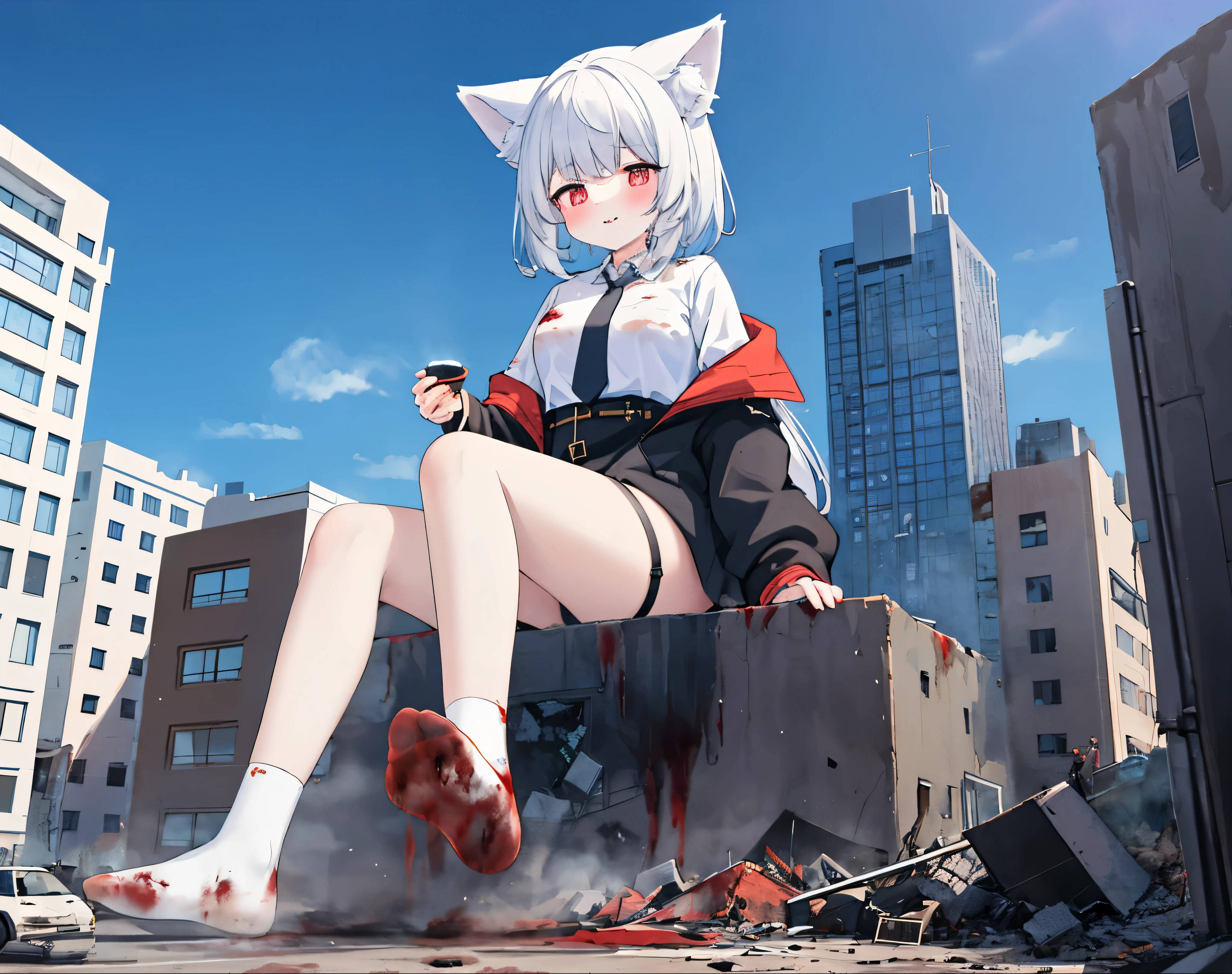 1个Giant Breast Girl, , Full body lesbian,100 meters tall girl， Bigger than a building,no shoe，Black jacket with white shirt ，a blue tie，white hair color hair，Wolf ears，Light red eyes，A cold expression， Destroyed buildings, Sit on a destroyed building，Put one foot on the car，The one who was trampled to death，There was blood on the ground，Blood adhesions，The socks were stained with blood，GTSC city, as a giantess, Bright pupils, ssmile, naghty face, 16k, high high quality, high detal, Anatomically correct, ctextured skin，Steam coming out of feet，