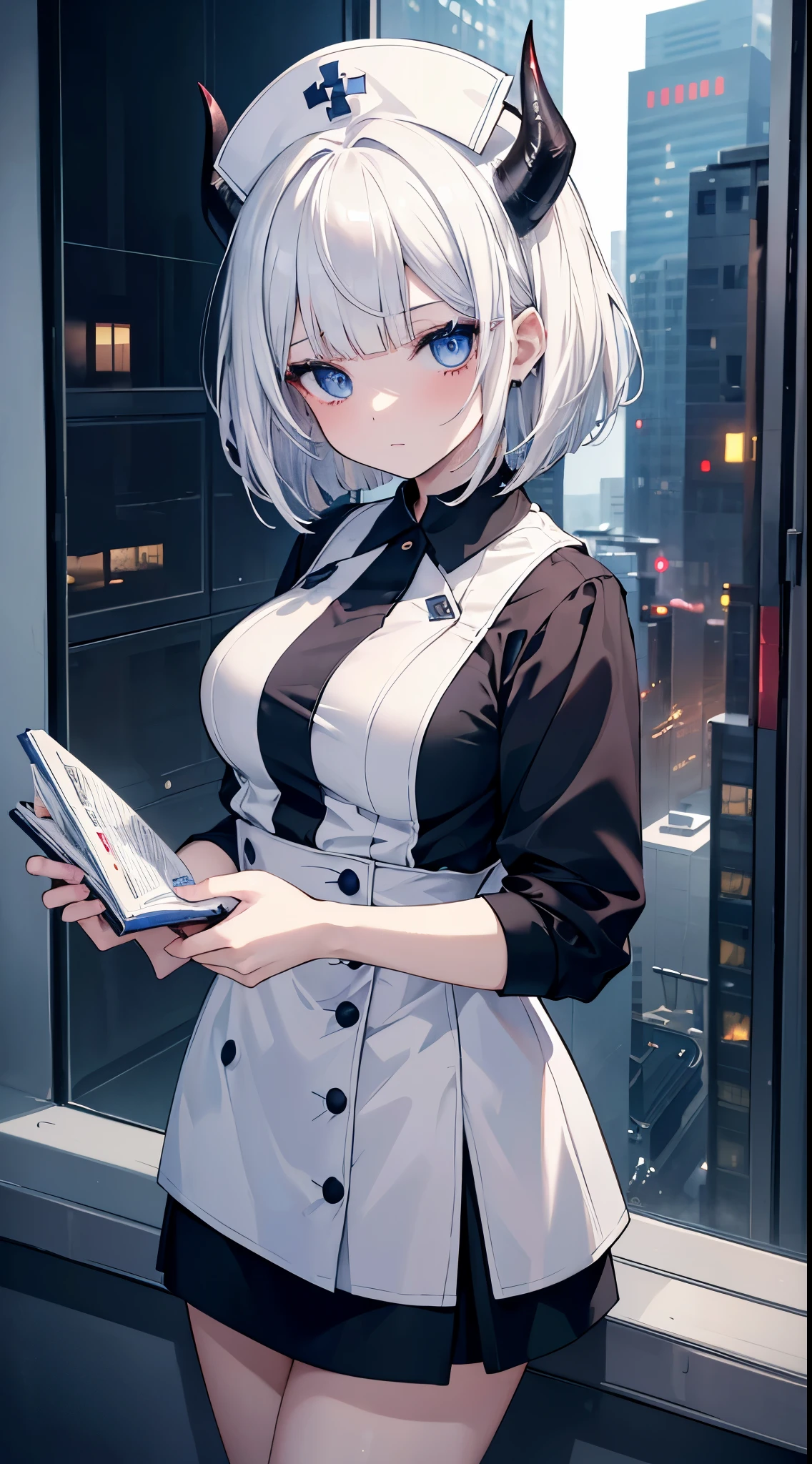 (8K、Top image quality、top-quality、masterpiece)、A detailed face、1 girl in、white hair、bob cut、blunt bangs、((demonic horns))、blue eyess、expression、Moderately breasts、Nurse Cap、nurse、mini pencil skirt、cowboy shot、highrise buildings、nighttime scene、looking-down、Taken from above、cowboy shot