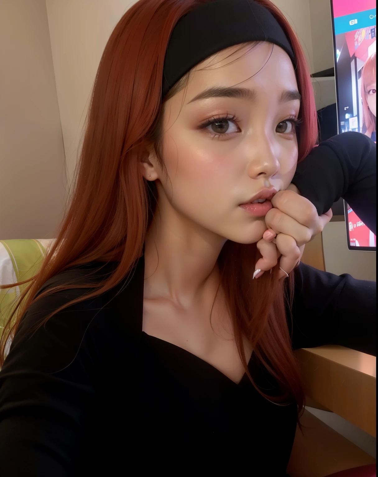 There's a woman who's sitting in front of a TV, taken in the early 2020s, Chiho, coreana, Heonhwa Choe, Dom Yunjoo, jossi do blackpink, portrait of jossi do blackpink, jennie blackpink, Ulzzang, Parque Ji-min, a young asian woman, linda mulher coreana jovem