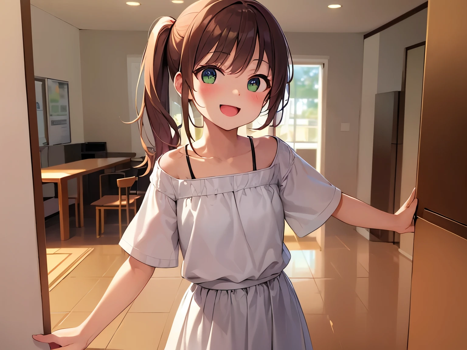 running, spread arms, side ponytail, ​masterpiece、top-quality、 A *************** with orange bangs and green eyes.、child, Wearing a white blouse、Wearing a white skirt、open mouth, (smile:1.3)、(Staring:1.5)、is standing、The background is a hotel suite、Bold composition、Upper body is shown、Alone、