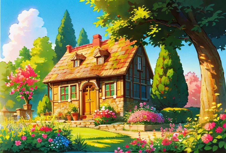 (((high quality))), detailed lighthouse,extremely detailed cliff under small apple tree,high resolution,absurd,high saturation,clear,rational construction,cartoon style,brick wall,building,bush,day,door, fence,field,flower, flower_field, garden, path, pink flower, grass, nature, house, no_humans, plant, potted plant