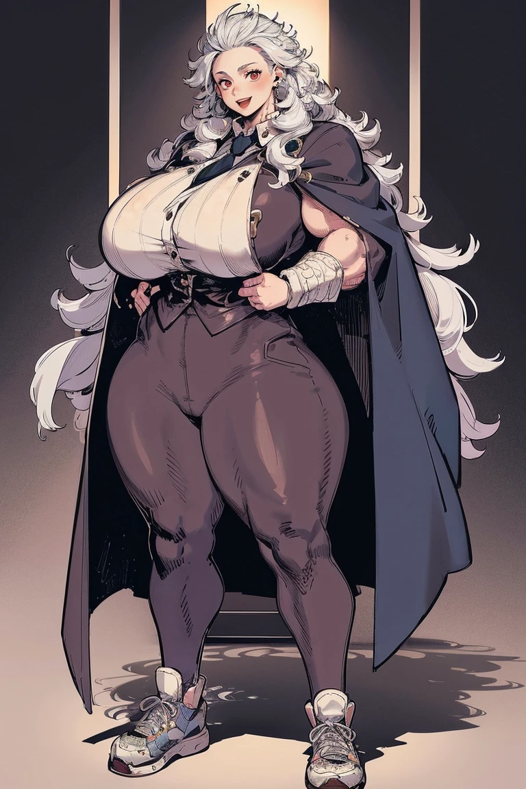 noi, nun, big breast,white boots, pants,cloak, musclegirl, standing,, smile, long hair, catedral, vest, portrait, full body, thick thighs, thick arms, wide hips,pants, large breast, huge breast,