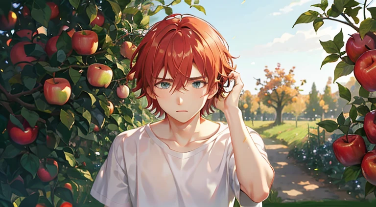 Generate an image of Lukas in the orchard, emphasizing the emotional struggle he faces. As he decides to cut the branch, ensure the scene reflects the beautiful yet tense atmosphere of the apple orchard.