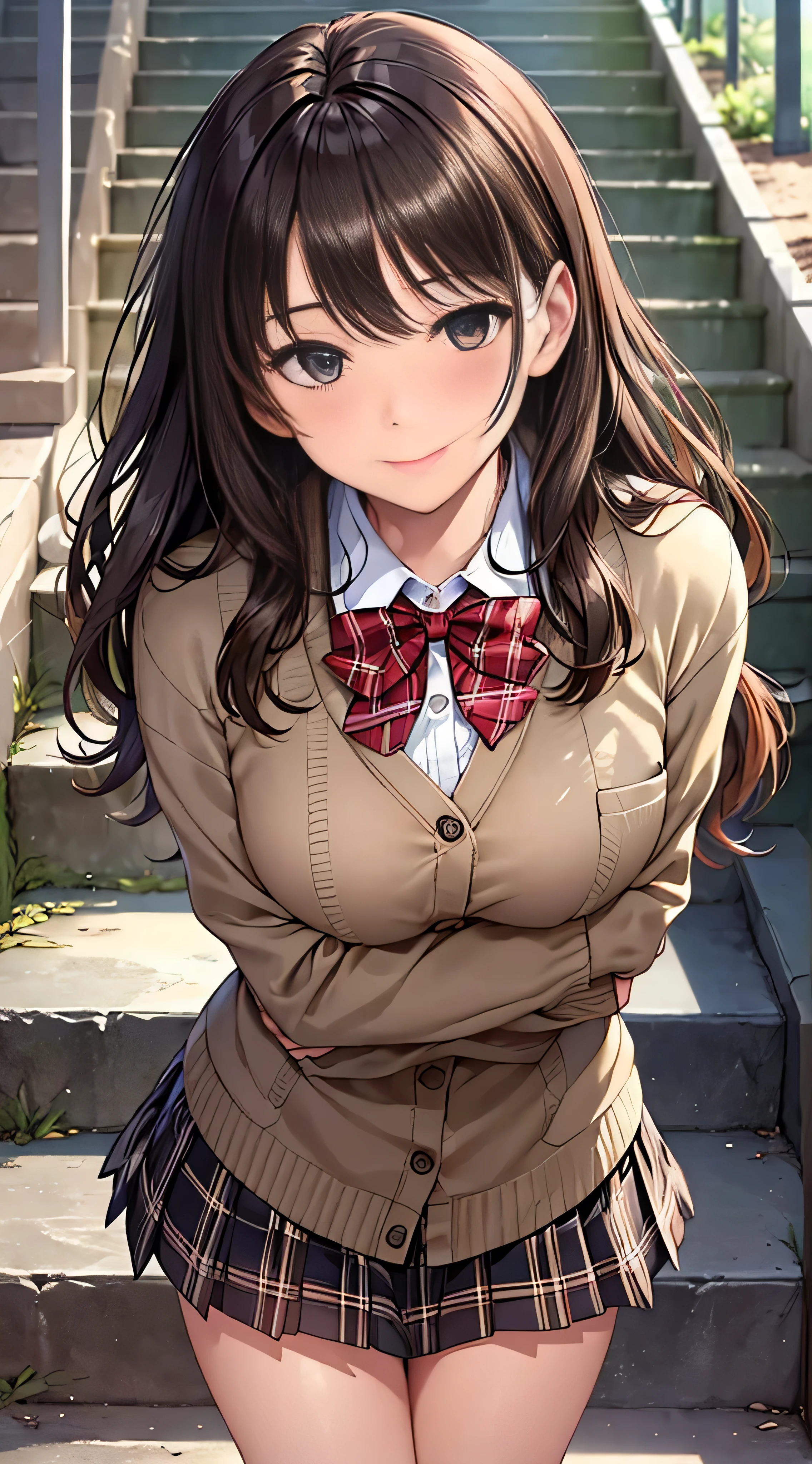 ((masutepiece, Best Quality, hight resolution, nffsw, Perfect Pixel,  4K, nffsw, nffsw))), 1girl in, Single, Solo, Beautie、full body seen、 ((Middle Wave Hair, Bangs, Brown hair)), ((Brown-eyed, Beautiful eyelashes, Realistic eyes)), ((Detailed face, Blushing:1.2)), ((Smooth texture:0.75, Realistic texture:0.65, Photorealistic:1.1, Anime CG style)), medium breasts, Dynamic Angle, Perfect body,  ((red bowtie, School uniform, Black jacket, Open jacket, Brown cardigan, White shirt, Black skirt, plaid skirts)), City staircase、Looking up from the bottom of the stairs、Very embarrassing panic smile, turned around、bending forward、(The wind flipped my skirt and exposed my butt....................、Touching the buttocks with both hands、White floral lace panties)、