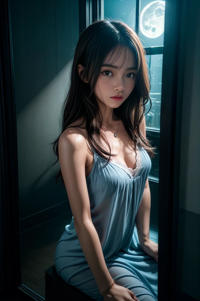 (Photoreal Stick:1.5, masutepiece:1.5, 8K), (top-quality, masterpiece, 超A high resolution), Perfect dynamic composition, Professional camera work:1.4, Highly detailed skin and facial texture:1.3, Mystical portrait:1.3, Grow Light Effect, The ultra-detailliert, 1girl in, ((Night view from inside the building, Pitch black room:0.9, The moonlight at night shines through the glass)), (Light blue nightgown), Model body type, Clear face, (Beautiful and seductive eyes:0.9, Enraptured look:1.0, i love you completely:0.8, A mouthfeel that feels beautiful eros:0.7), (Wet dark brown medium hair), the chest is medium, candles, a necklace, (Leaning against the window, Sit up), ((seductiv))
