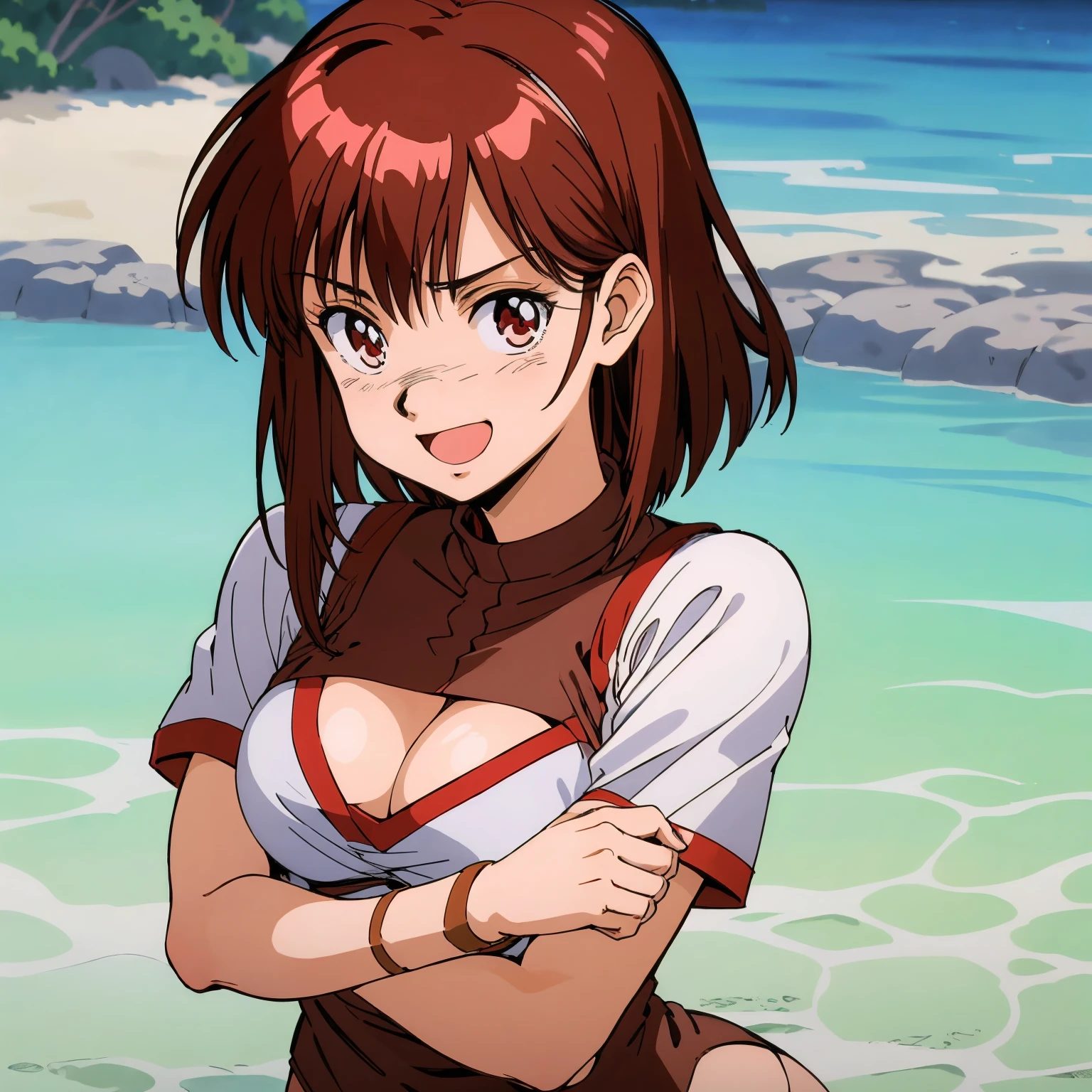 masutepiece,Best Quality,Solo,
Looking at Viewer,Smile,Open mouth,
Noriko Takaya,1girl in,
Medium Hair,Brown hair,Brown eyes,
head band,
Short sleeves,Leotards under clothes,
wristband star piec, Best Quality, anime screen cap:1.5, hard disk, 8K, Photorealistic), Bangs, hair, long_hair, blush, arge breasts, cleavage, bikini of, Cross your arms behind your back, Upper body, (Perfect Anatomy, perfect detailed, Shiny skin, Beautiful hair, Beautiful face, Beautiful eyes, beutiful breast), (thick outline, black outlines), Sunshine, Beach,