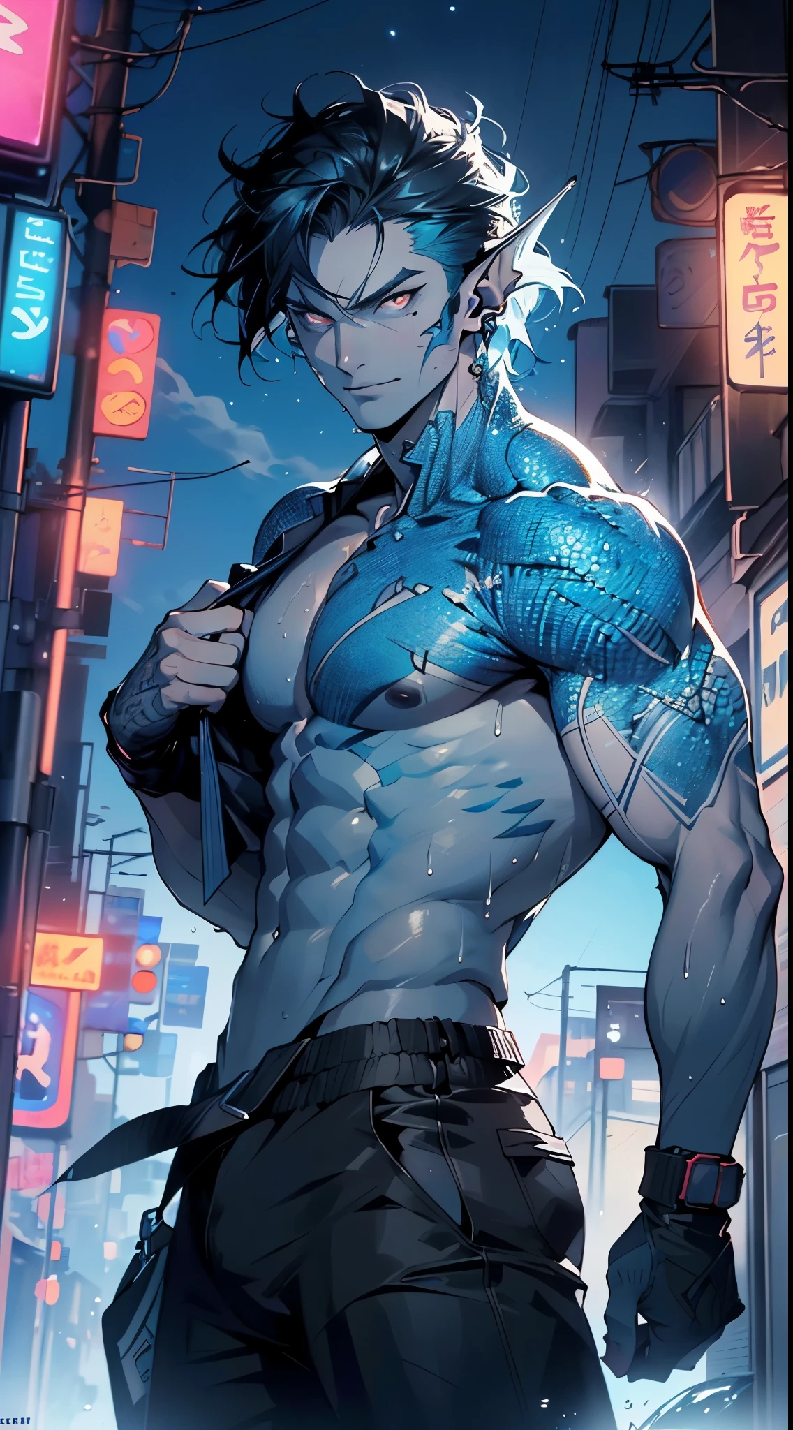 muscular man,(((1man))),((man muscular)),
(((1male,man:1.5,handsome man,male,male gender:1.5,male focus))),macho man,
Alien Fish man, ((blue skin:1.5)), (huge eyes:1.5), (((ear fins:1.5))), (((scaly skin:1.5))),((monster_man)),(deep blue skin:1.5),
((short black hair)),(((lustrous skin:1.5,bright skin: 1.5,shiny skin,very shiny skin,shiny body,illuminated skin))),(glowing eyes, blue_eyes:1.0), (((black sclera:1.5))),symmetrical eyes,((exaggerated muscles,exaggerated shoulders,very muscular and huge)),man chest,handsome face,((((muscular,hairy body,muscular man,tall,big biceps,abs,big thighs,broad shoulders,open chest)))),(((detailed face))),(((square jaw))),
alluring look,nsfw,
(((bare chest,shirtless))),hunter pants,((bulge in pants)),(hunter outfit:1.3,hunter clothes),((wet clothes,intricate outfit,intricate clothes)),
(dynamic pose:1.0),solo focus,((evil smile,evil look)),(centered,scale to fit dimensions,Rule of thirds),
cyberpunk city by the ocean at night, with bright neon signs and dark stormy clouds and puddles, scenery:1.25,nighttime, starry night, cosmos,Very dark night that makes the neon lights stand out, very bright neon lights,nighttime, starry night, cosmos,
highres, sharp focus, (ultra detailed, extremely detailed), (photorealistic artwork:1.37),(extremely detailed CG unity 8k wallpaper),((synthwave background theme)),(((vibrant colors))),(intricate background),(masterpiece),(best quality),