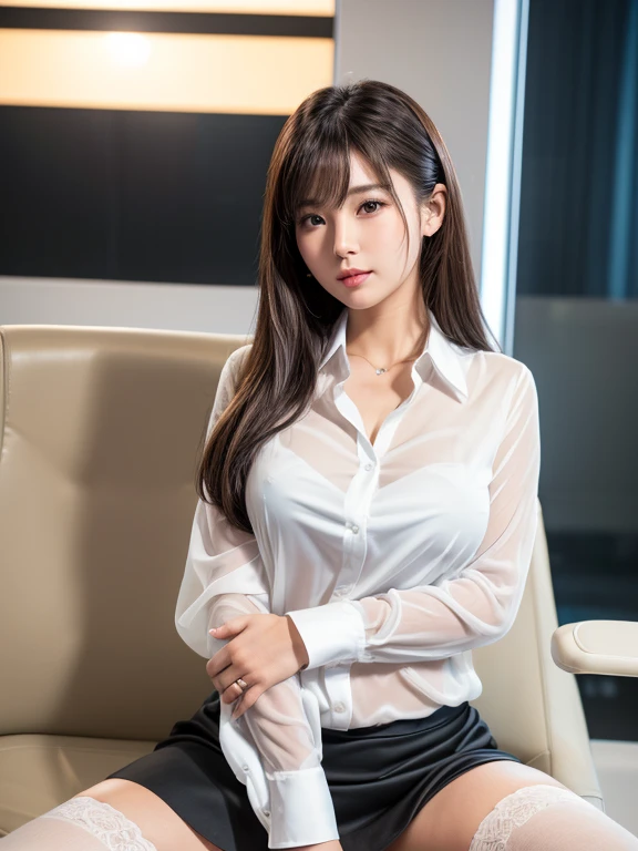 (8k, RAW photo, best quality, masterpiece:1.2),(realistic, photo-realistic:1.4), Correct human fingers, manicure, SIGMA lens, 85mm f/1.4., (hands between legs:1.2), depth of fields, (bokeh:1.3), ultra-detailed, extremely detailed, hyperrealistic, (cute Japanese actress, extremely detailed skin: 1.2), 20 years old, extremely detailed face, pale skin, brown eyes, (hands between legs:1.3), embarrassed, (looking at viewer), big ass, ((see-through white formal shirt)), business suits, black skirt, stockings, legs wide open, cleavage, office chair, white underwear, office at night, seductive