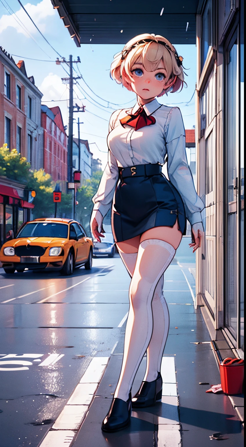 Aegis, person • (8k, best quality, master part:1,2) • (Realistic, foto-Realistic:1,37) • Superior quality • Masterful piece • A beautiful woman • Clean skin • Beautiful eyes • Shaped body • Realistic hair • Perfect thighs • Thick thighs • Round butt • Perfect ass • outdoors • walking down the street • see-through clothes • raining • houses • street without cars • walls