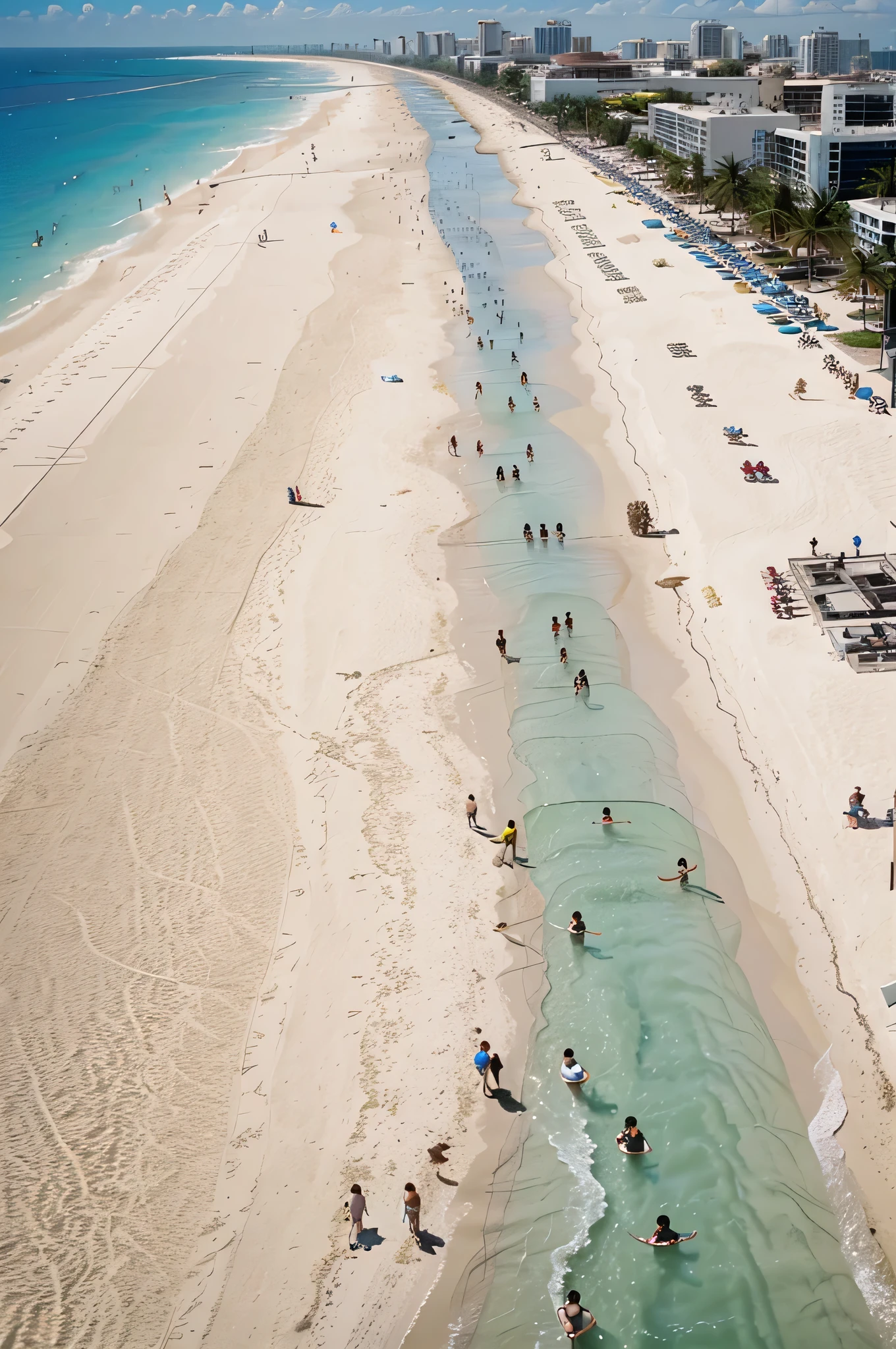 Photo taken from a plane, overview, distance, Miami Beach, crowded, alot of people walking and sunbathing, 8k HD,